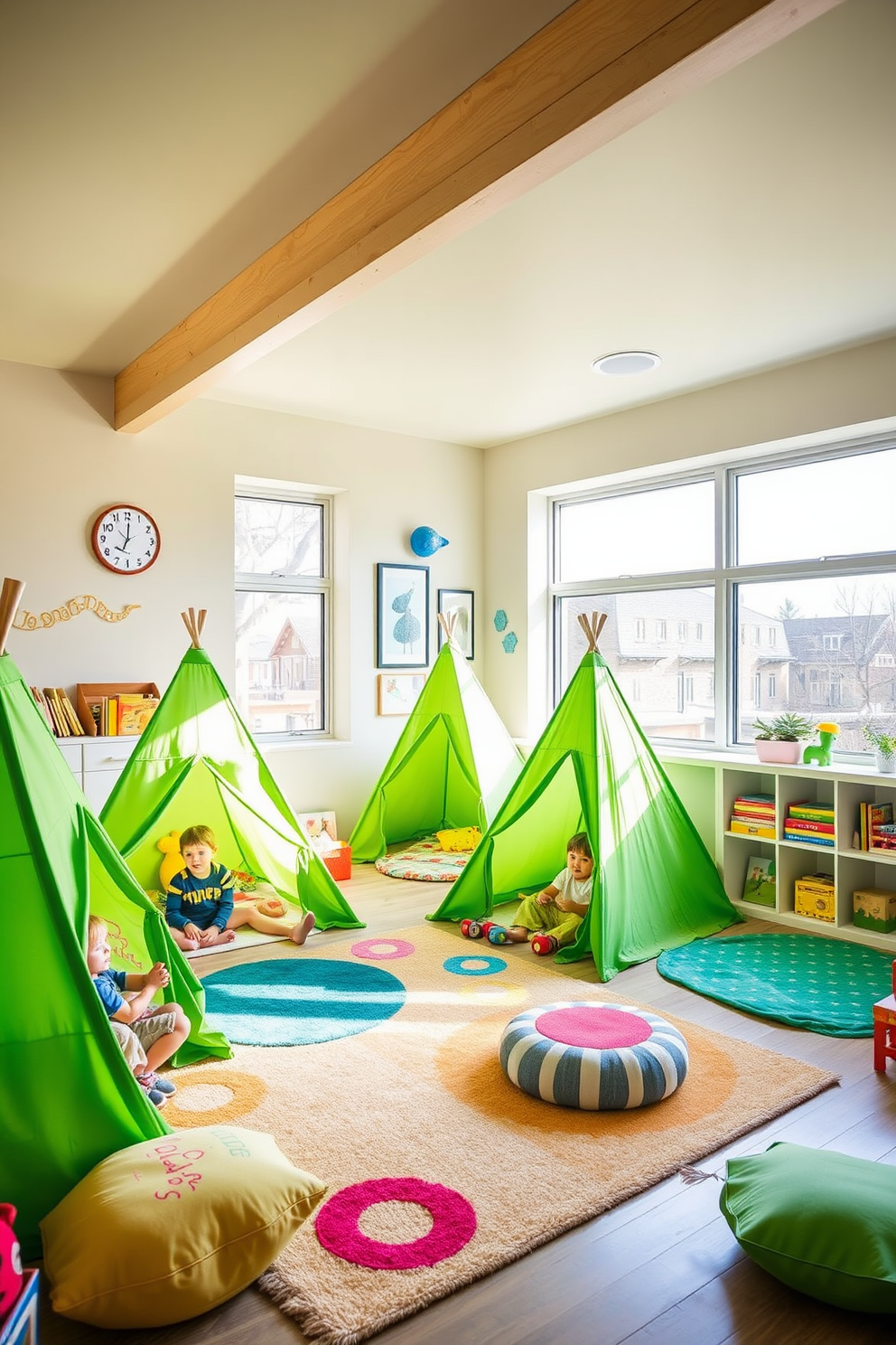 A whimsical playroom featuring vibrant green play tents that create cozy hideaways for children. The space is filled with soft rugs, colorful cushions, and playful wall art that inspires imagination and creativity. The playroom is designed with ample storage solutions for toys and books, ensuring a clutter-free environment. Natural light floods the room through large windows, enhancing the cheerful atmosphere and inviting kids to explore and play.