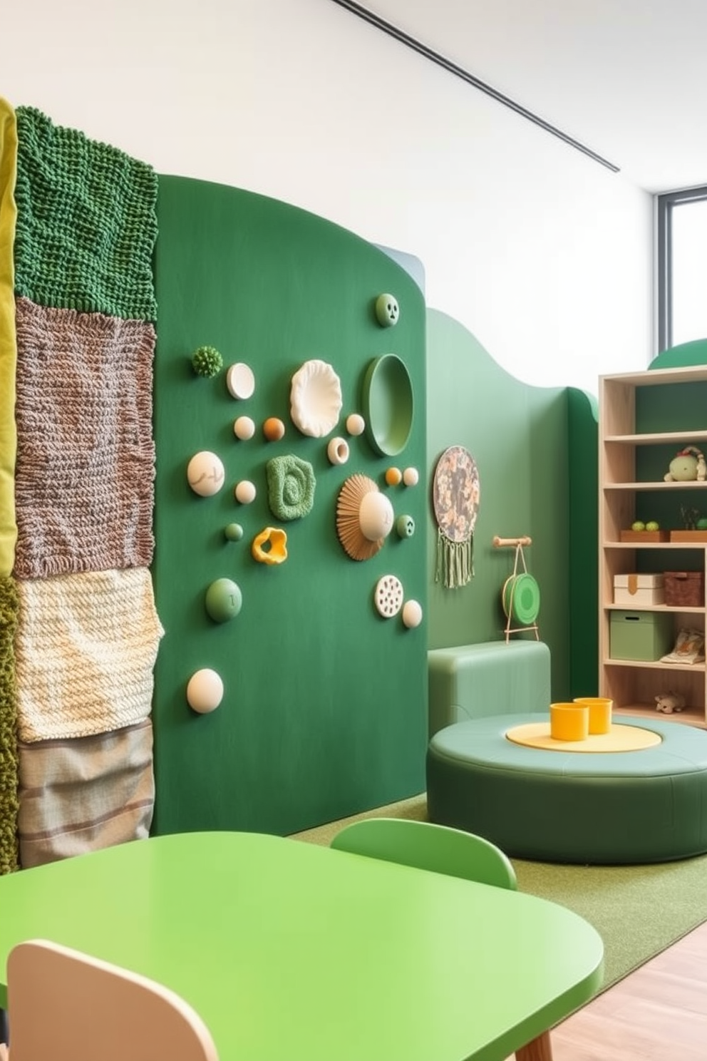 Interactive sensory wall with varied textures. The wall features a mix of soft fabrics, rough surfaces, and smooth elements to stimulate touch and exploration. Green playroom design ideas. The room is filled with playful furniture in shades of green, complemented by natural wood accents and vibrant, interactive play zones.