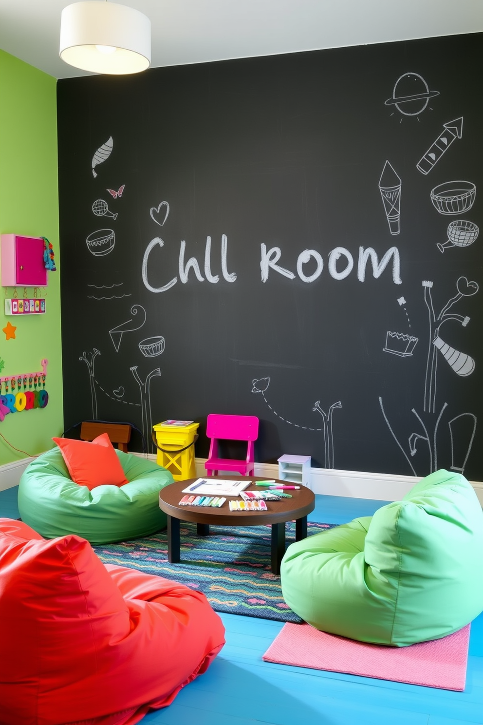 A vibrant playroom with a chalkboard wall that invites creativity and artistic expression. The space is filled with colorful furniture, including bean bags and a low table for arts and crafts activities. The walls are painted in a soft green hue that promotes a calming atmosphere. Brightly colored rugs and playful wall decals add a touch of fun and whimsy to the overall design.