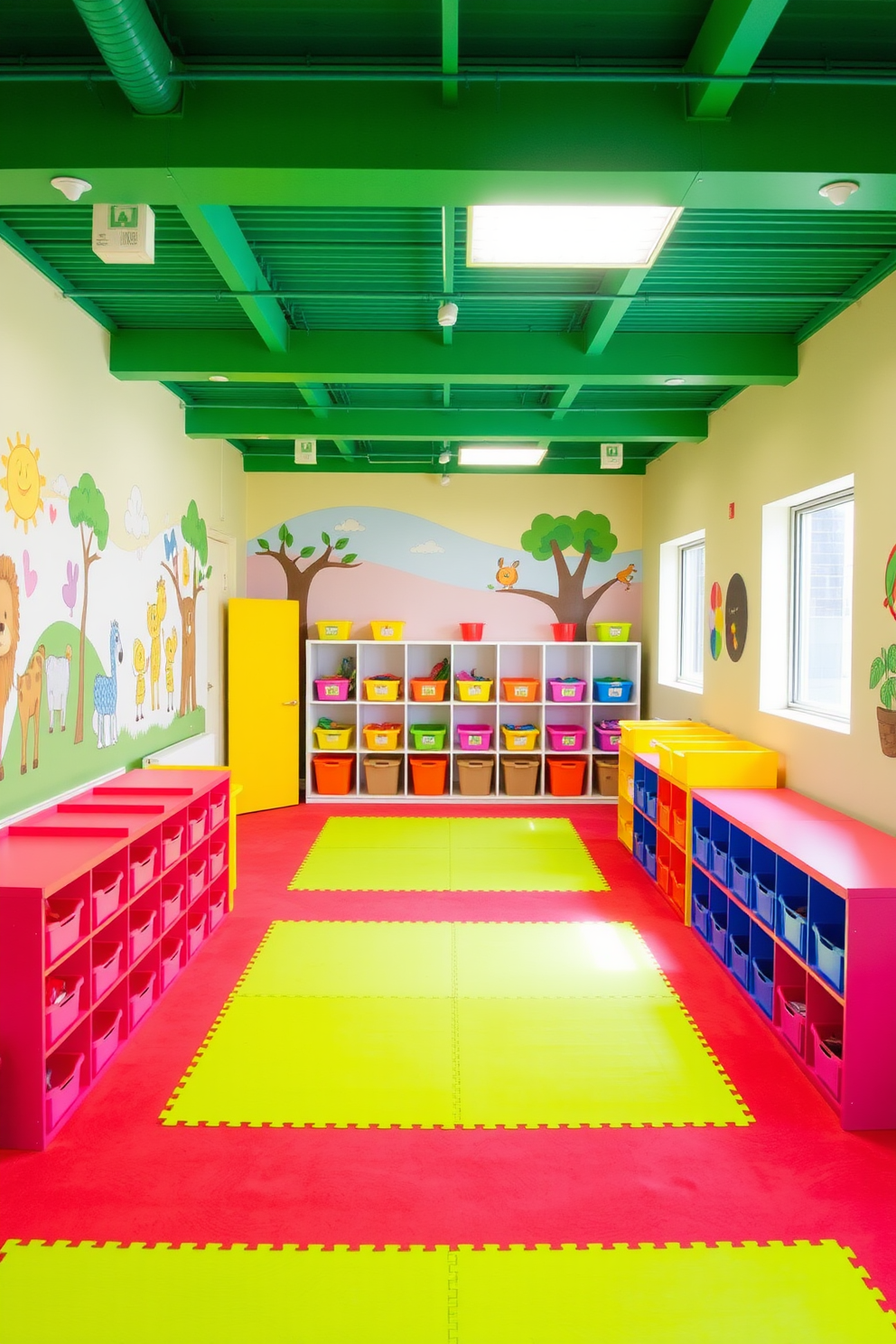 A vibrant playroom filled with bright green play mats that provide a safe and fun environment for children. The walls are adorned with playful murals and colorful storage bins are neatly organized for easy access to toys.