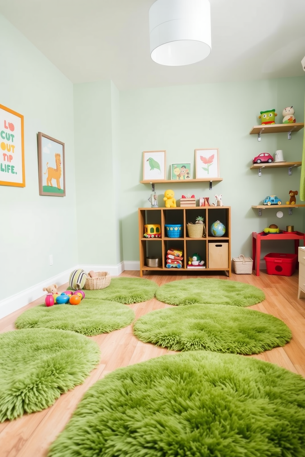 A cozy playroom filled with soft green rugs that provide comfort and warmth underfoot. The walls are painted in a cheerful pastel shade, adorned with playful artwork and shelves filled with colorful toys.