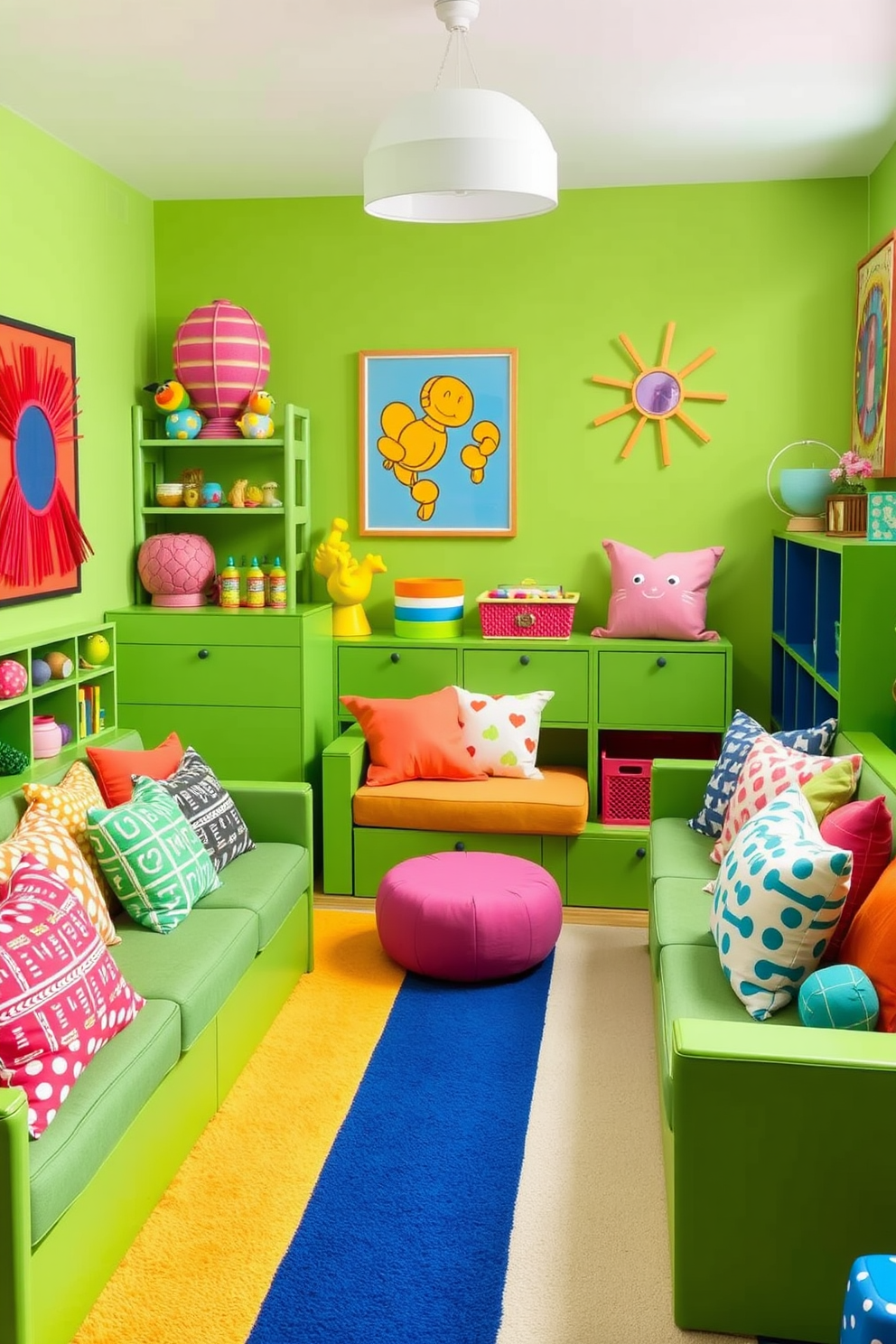 A vibrant playroom filled with playful energy. The space features green furniture adorned with colorful cushions in various shapes and sizes. Bright wall art and playful decor elements enhance the cheerful atmosphere. A soft area rug in contrasting colors adds comfort for children to sit and play.