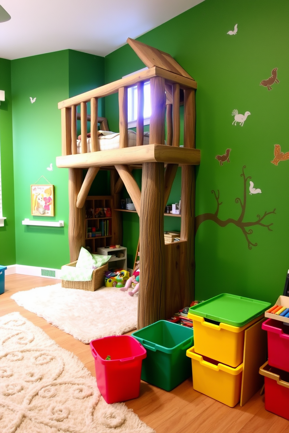 A whimsical treehouse-inspired play area nestled in the corner features wooden beams and a cozy loft for imaginative play. The walls are painted in vibrant shades of green, adorned with playful nature-themed decals to spark creativity. Soft, plush rugs cover the floor, providing a comfortable space for children to sit and play. A variety of colorful storage bins are neatly arranged, offering easy access to toys and art supplies while maintaining a tidy environment.