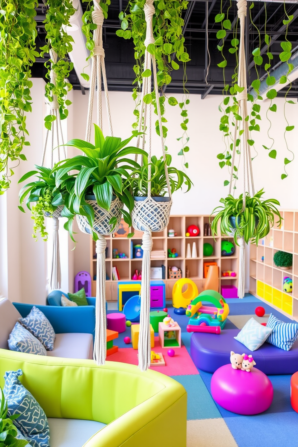 Hanging plants create a vibrant and refreshing atmosphere in any space. Lush greenery cascades from stylish macramé hangers, adding life and color to the room. The playroom features a playful design with bright colors and engaging patterns. Soft, comfortable seating is arranged around a central area filled with interactive toys and creative play zones.