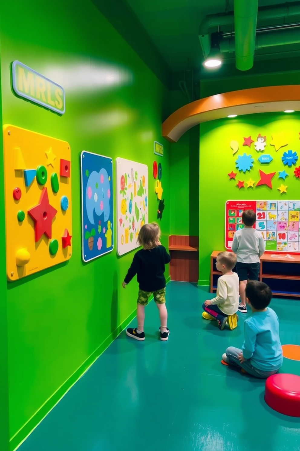 A vibrant playroom filled with interactive walls featuring games and puzzles for children to engage with. The walls are painted in bright green hues, creating a lively atmosphere that encourages creativity and play.