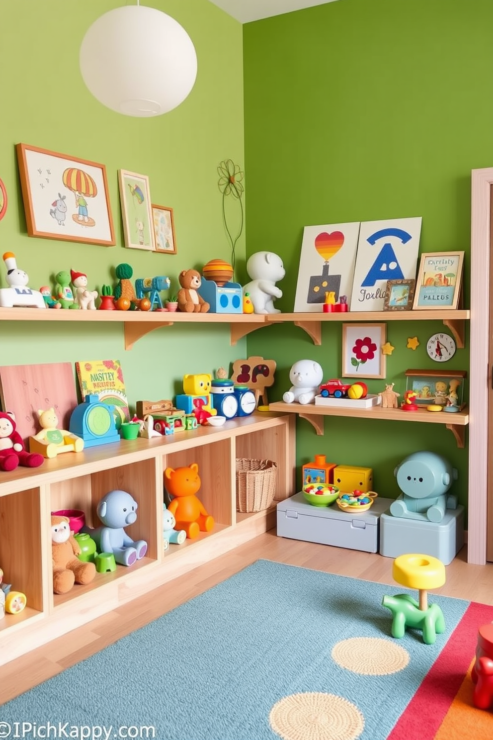 A bright and cheerful playroom filled with eco-friendly toys arranged neatly on wooden shelves. The walls are painted in a soft green hue, complemented by colorful artwork and playful accents throughout the space.