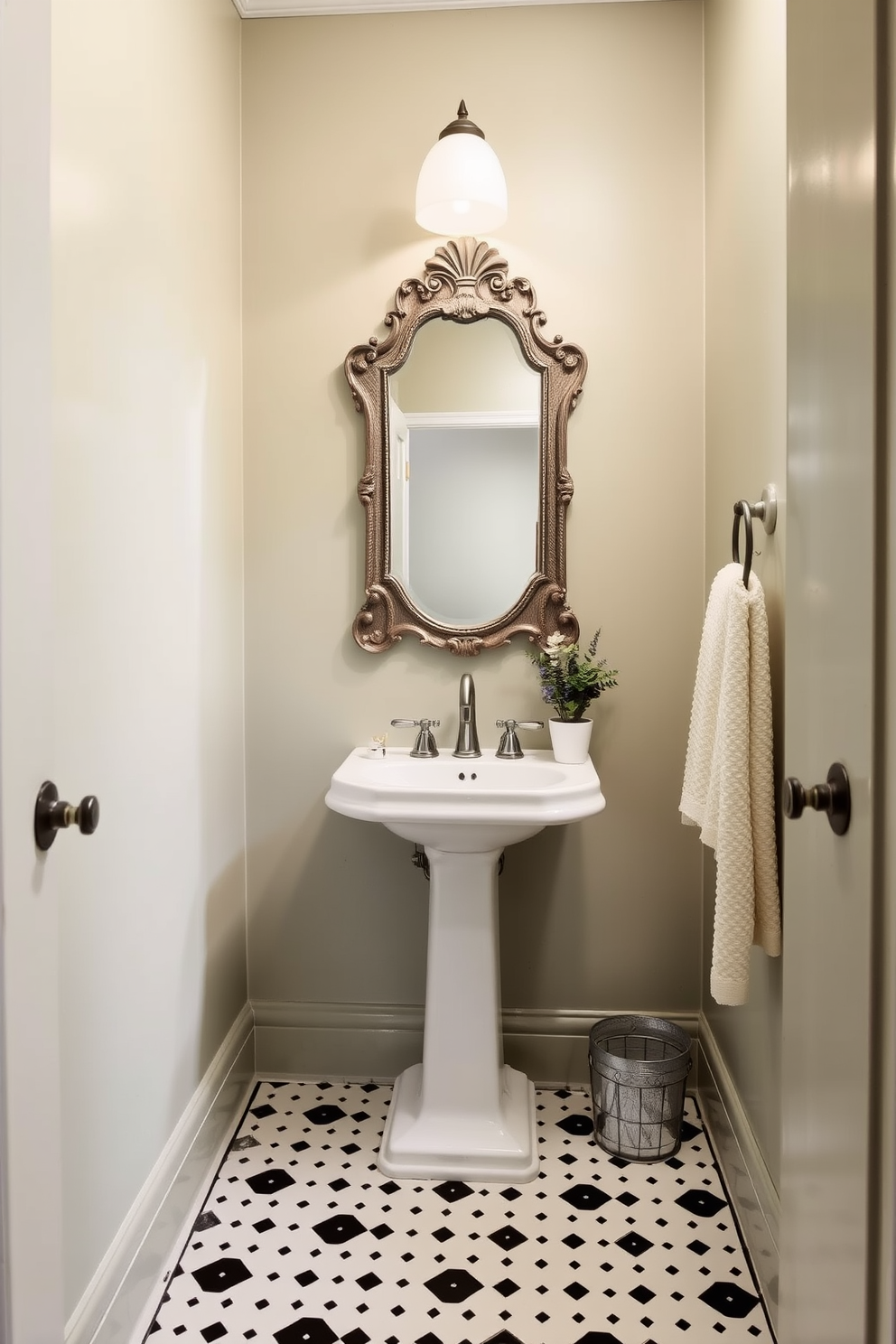 A charming powder room features muted green paint adorning the walls, creating a serene and inviting atmosphere. A vintage mirror with an ornate frame hangs above a sleek pedestal sink, adding a touch of elegance to the space. The floor is adorned with classic black and white tiles, offering a timeless contrast to the soft wall color. Simple yet stylish accessories, such as a small potted plant and a plush towel, complete the design, enhancing the overall aesthetic.