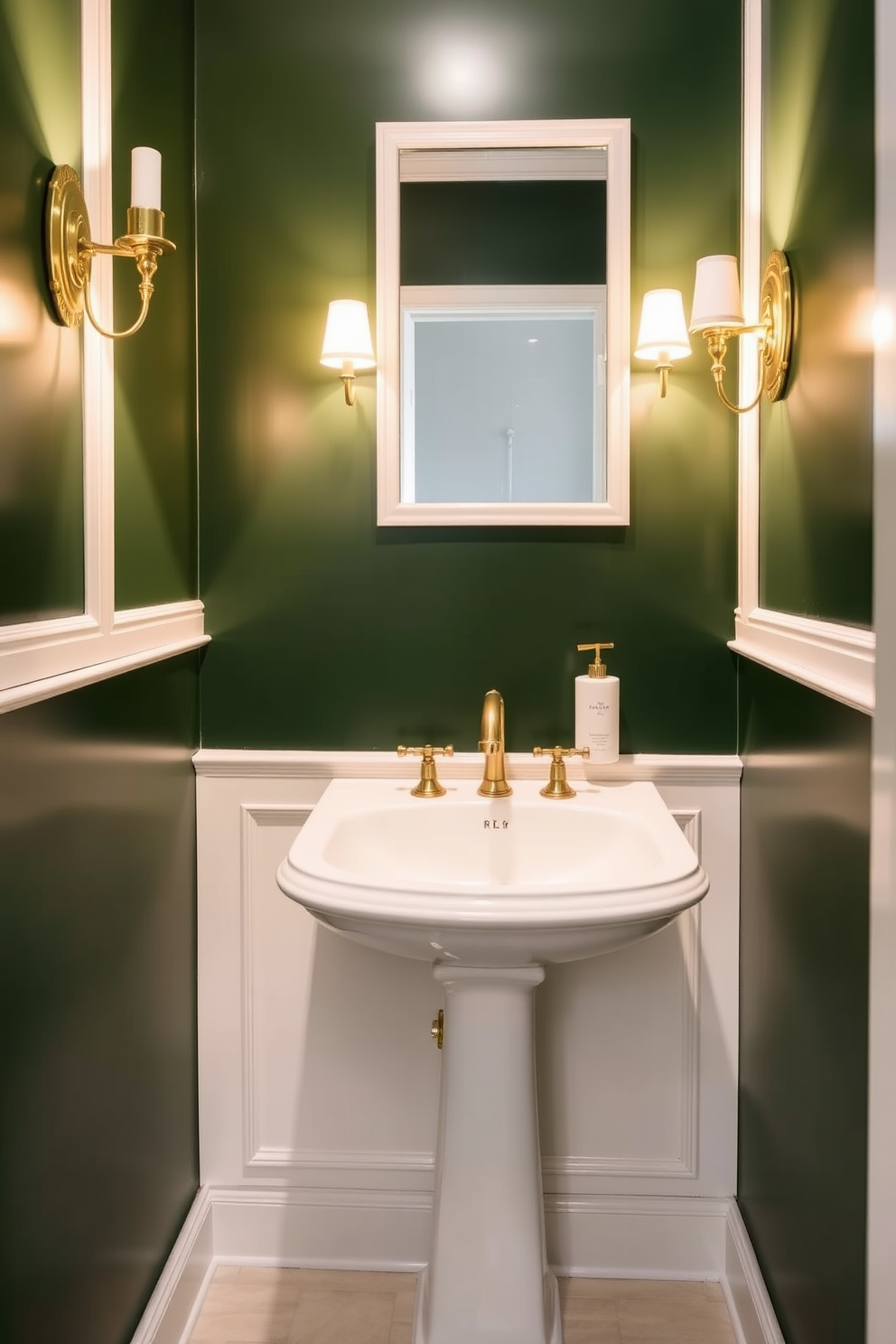 A deep green powder room features elegant brass sconces that cast a warm glow on the walls. The space is accented with white trim and a sleek pedestal sink, creating a sophisticated yet inviting atmosphere.