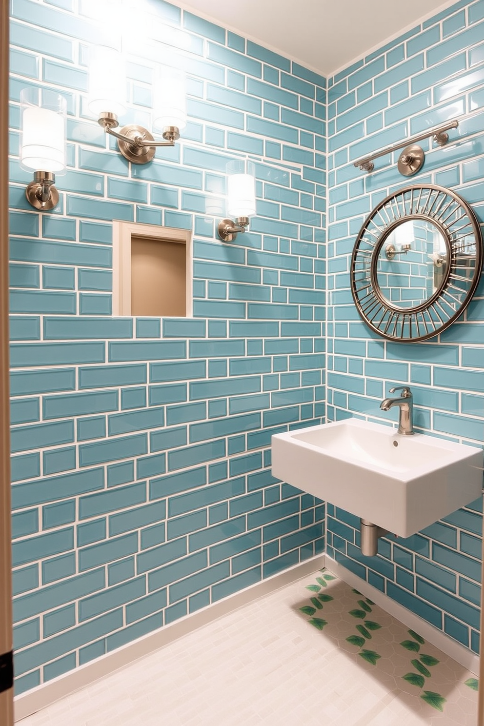 A vibrant powder room featuring turquoise tiles with crisp white grout. The walls are adorned with elegant fixtures and a sleek floating vanity that complements the colorful tiles. The space is illuminated by stylish sconces that enhance the cheerful atmosphere. A round mirror with a decorative frame reflects the inviting design, creating a sense of openness.