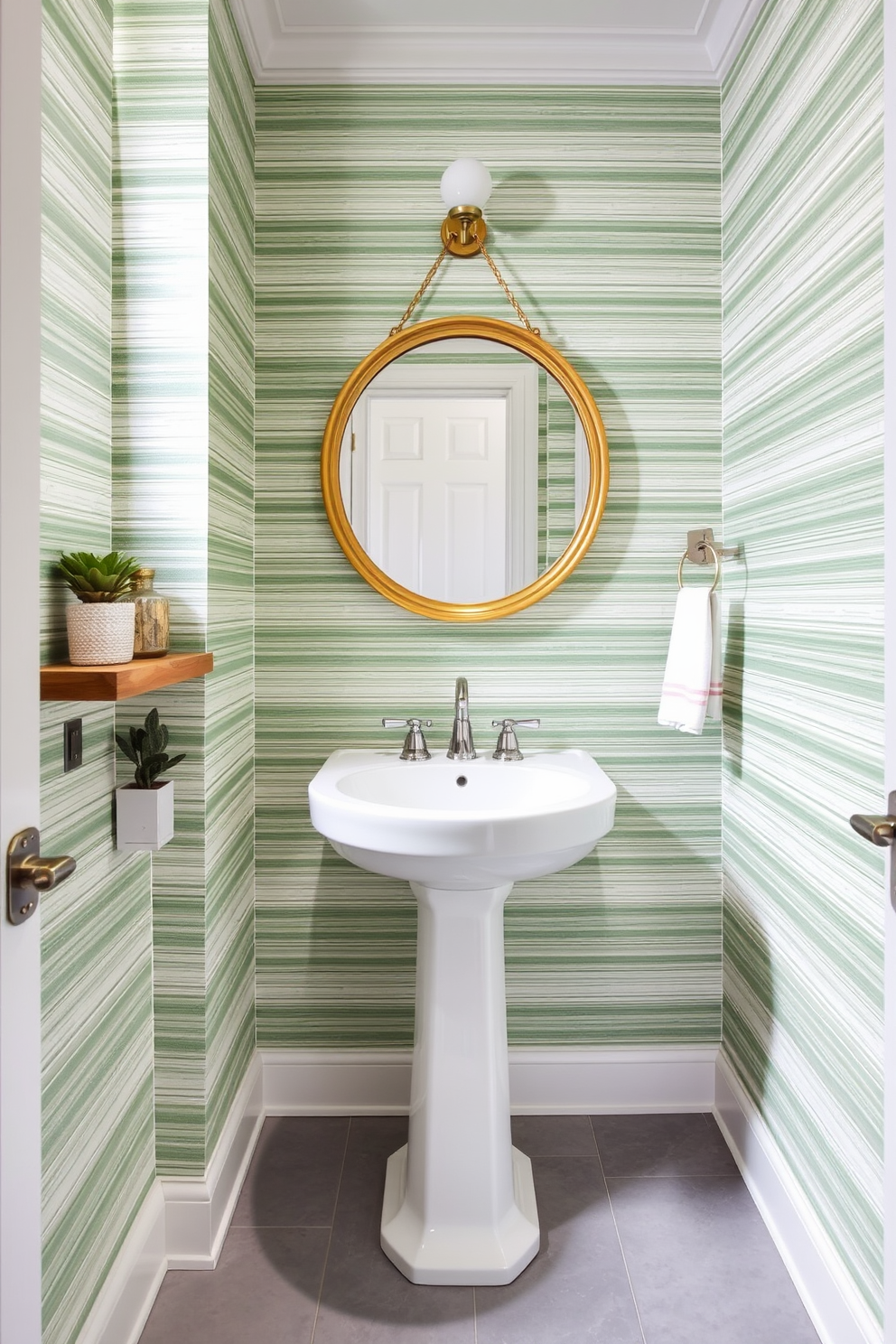 A chic powder room adorned with green and white striped wallpaper that creates a fresh and inviting atmosphere. The space features a sleek white pedestal sink and a round mirror framed in gold, enhancing the elegance of the design. To the left, a small wooden shelf displays decorative items and a potted plant, adding a touch of nature. The flooring is a light gray tile, providing a subtle contrast to the vibrant wallpaper and maintaining a sophisticated look.