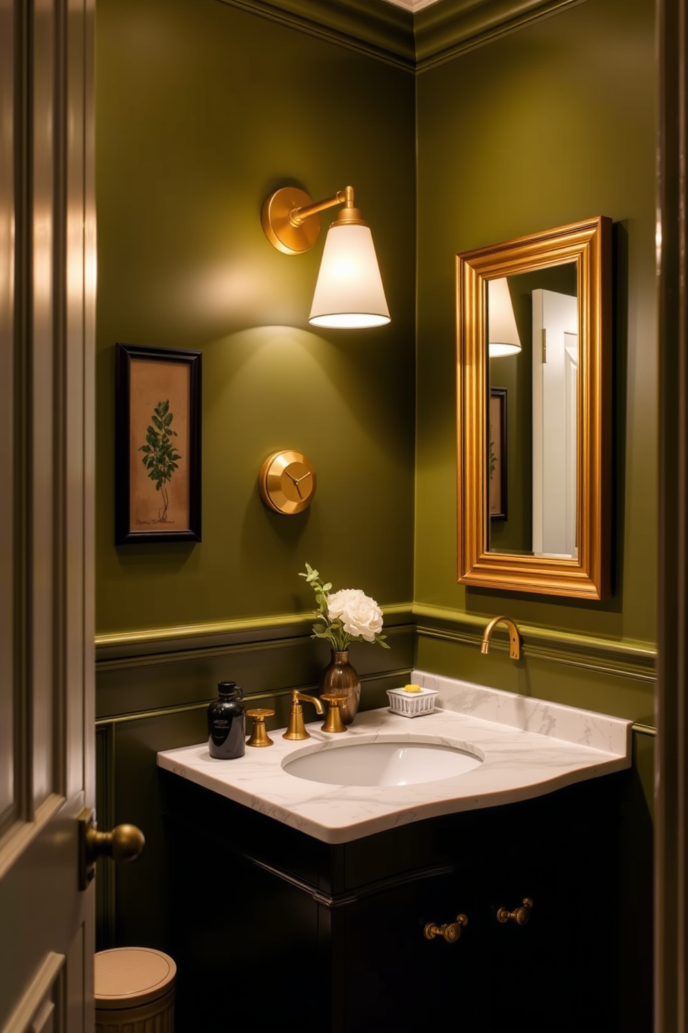 A cozy powder room adorned in warm green tones creates a serene atmosphere. Soft lighting illuminates the space, highlighting the elegant fixtures and finishes. The walls are painted in a rich olive green, complemented by a stylish vanity with a marble top. Gold accents, such as a framed mirror and faucet, add a touch of luxury to the design.