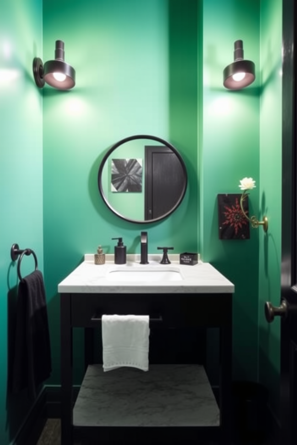 A chic powder room featuring jade green walls that create a vibrant yet calming atmosphere. Black accessories such as a sleek faucet, towel holder, and decorative accents provide a striking contrast and modern elegance. The space includes a stylish black vanity with a white marble countertop, complemented by a round mirror with a black frame. Elegant lighting fixtures in matte black add sophistication while enhancing the overall design aesthetic.