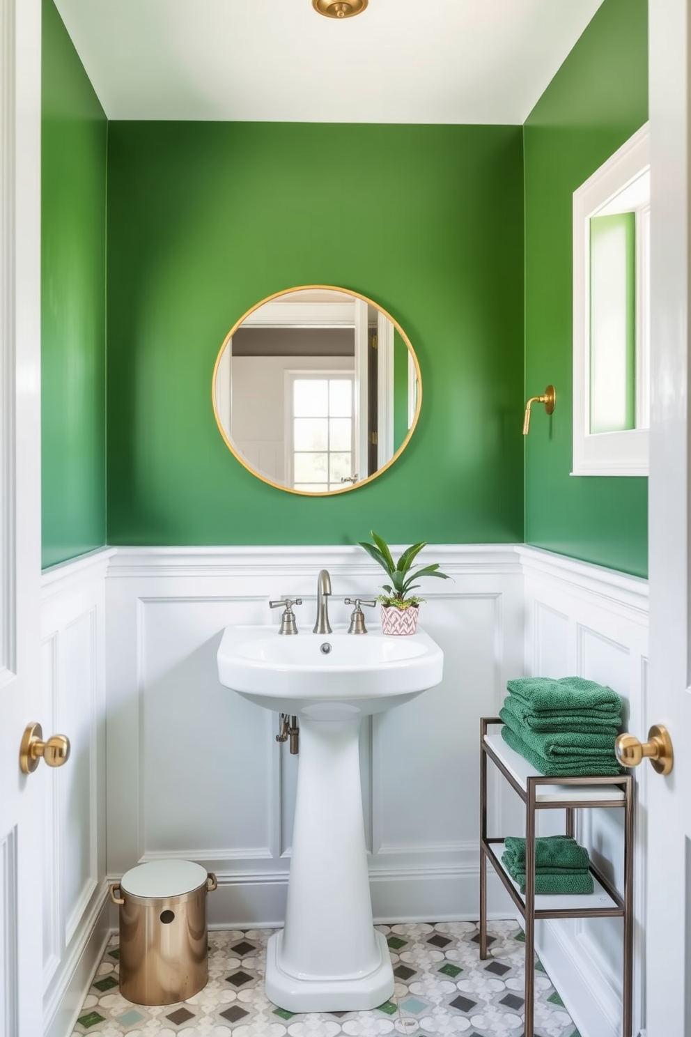 Crisp green and white color scheme with a modern powder room featuring sleek fixtures. The walls are painted a vibrant green, complemented by white wainscoting and a stylish white pedestal sink. A large round mirror with a thin gold frame hangs above the sink, reflecting the natural light from a nearby window. Decorative elements include potted plants and elegant green towels neatly arranged on a small shelf.