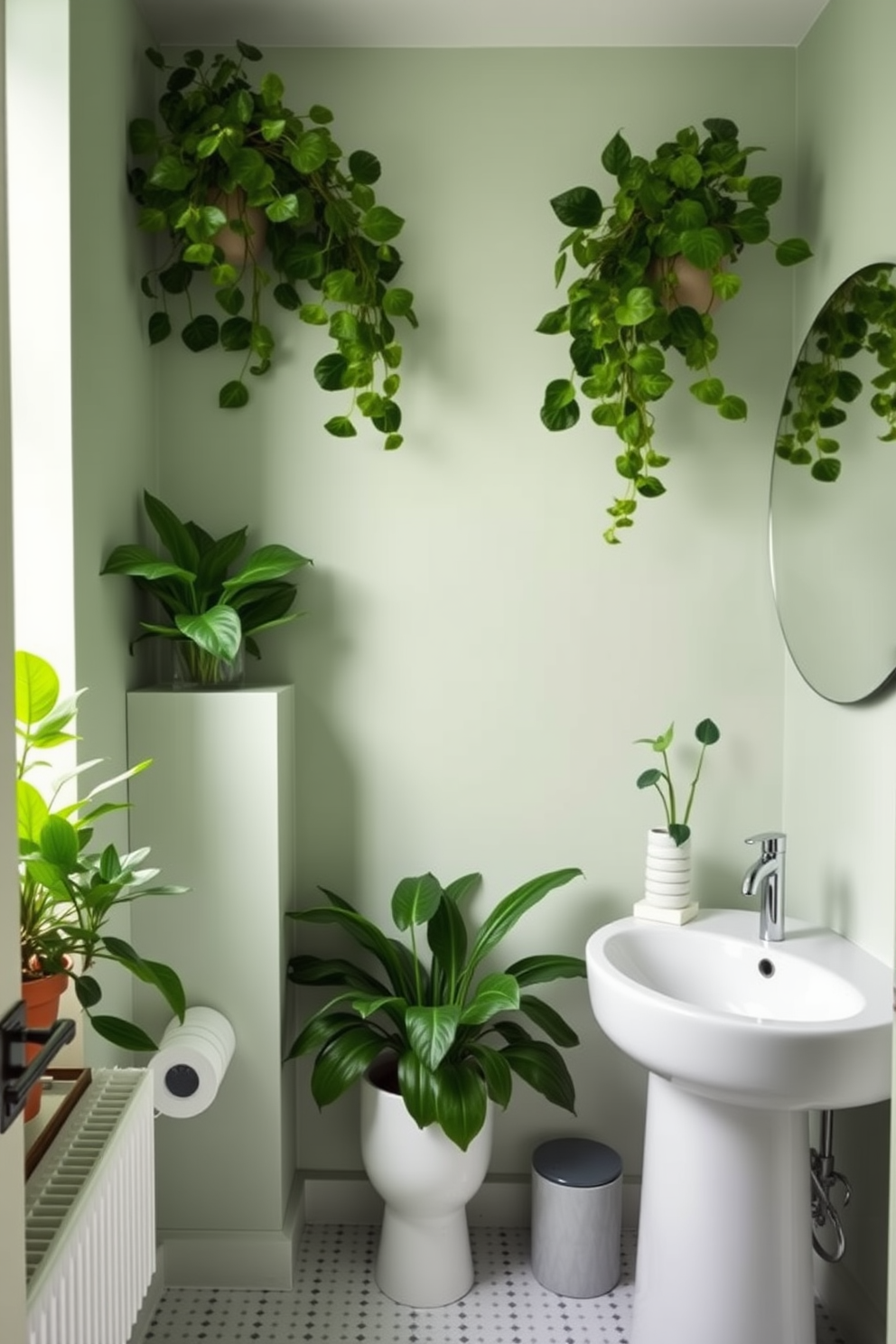 Bright green plants adorn the corners of a stylish powder room, infusing the space with a refreshing natural touch. The walls are painted in a soft pastel shade, complementing the vibrant greenery and creating a serene atmosphere. Sleek fixtures and a modern pedestal sink enhance the contemporary feel of the room. A large round mirror with a minimalist frame reflects the lush plants, adding depth and brightness to the design.