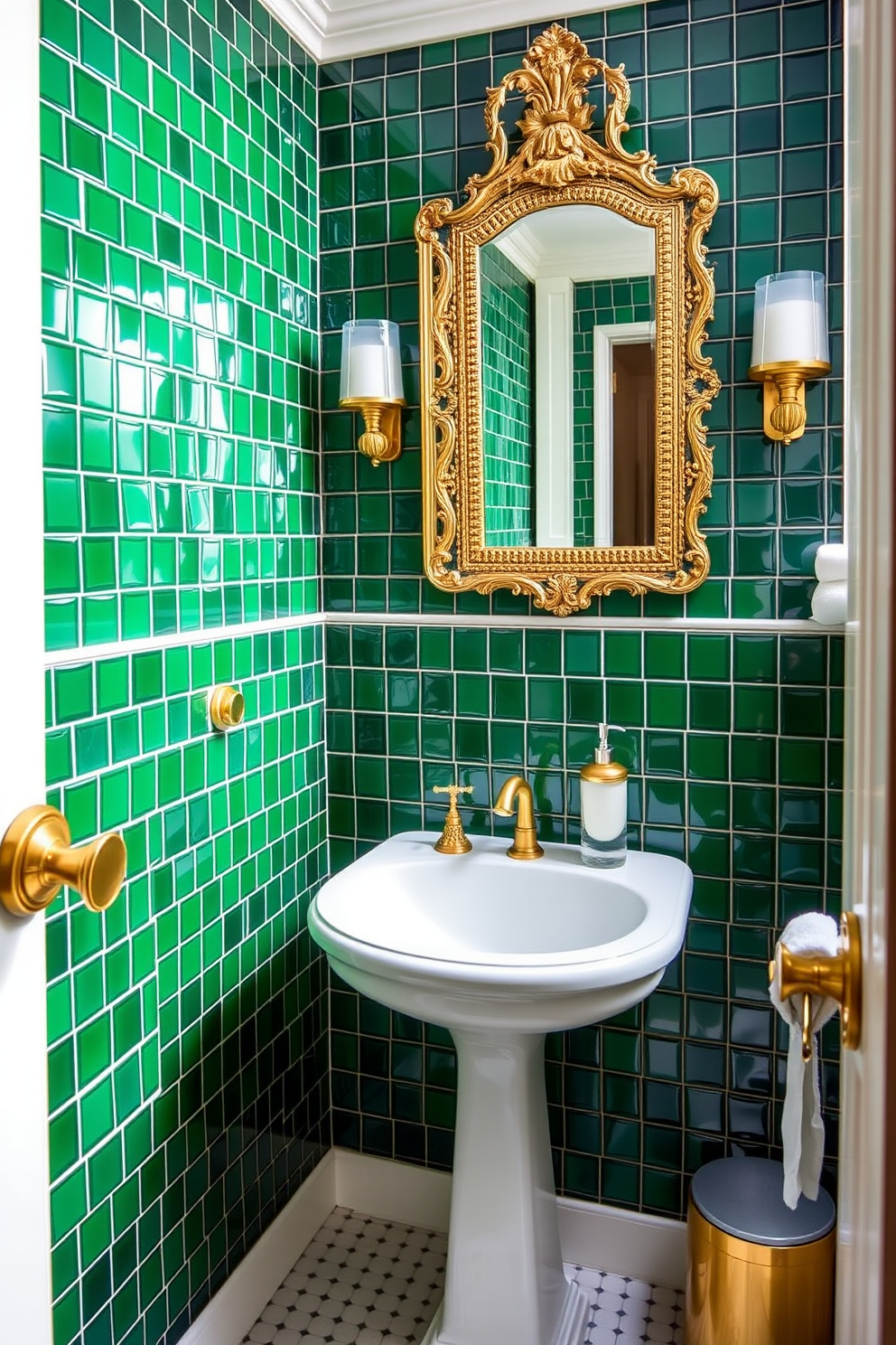 Emerald green tiles cover the walls of a chic powder room, reflecting light and adding a luxurious touch. Gold accents, including a sleek faucet and ornate mirror frame, complement the rich color and enhance the overall elegance of the space. A stylish pedestal sink sits in the center, adorned with a delicate gold soap dispenser and matching accessories. Soft white lighting illuminates the room, creating a warm and inviting atmosphere that invites relaxation.