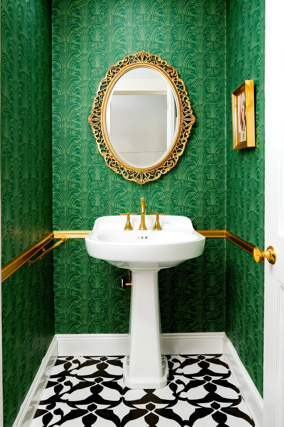 Art Deco green wallpaper with gold trim adorns the walls of a stylish powder room. A sleek pedestal sink with a gold faucet is centered against the wallpaper, complemented by a round mirror with an intricate gold frame above it. The floor features a geometric black and white tile pattern that contrasts beautifully with the green wallpaper. A small gold-framed art piece hangs on the wall, adding a touch of elegance to the space.