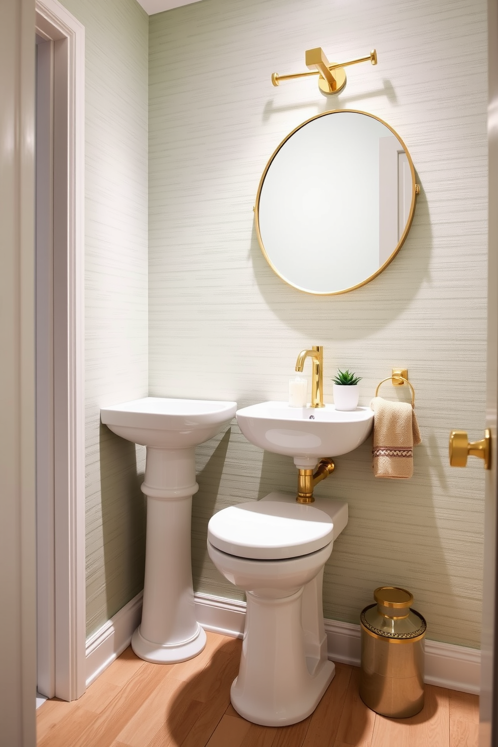 A chic powder room featuring subtle sage green textured wallpaper that adds depth and sophistication to the space. The elegant fixtures include a sleek pedestal sink and a modern gold faucet, complemented by a round mirror with a thin gold frame. The flooring consists of light-colored wood that enhances the warmth of the room. Decorative elements like a small potted plant and a stylish hand towel in a complementary shade complete the inviting atmosphere.