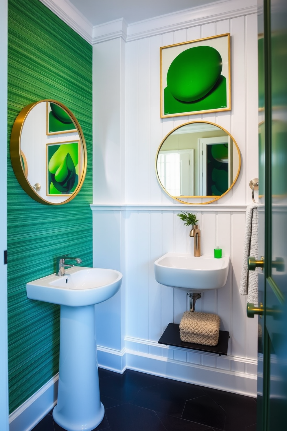 Bright green art pieces adorn the walls of a chic powder room, creating a vibrant contrast against the soft white paneling. The room features a sleek pedestal sink with a modern faucet, complemented by a stylish round mirror framed in brushed gold. A textured green wallpaper adds depth to the space, while a small potted plant sits on a minimalist shelf. The floor is covered in elegant dark tiles, enhancing the overall sophistication of the design.