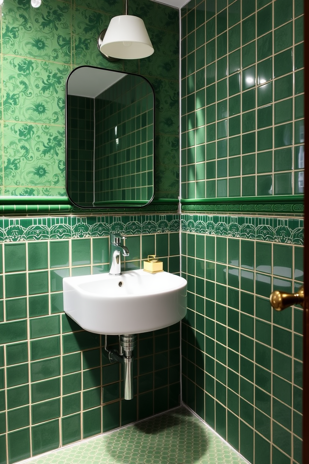 A vintage green tiled powder room features sleek modern fixtures that blend seamlessly with the classic design. The walls are adorned with intricate green tiles, while a contemporary sink and faucet add a touch of sophistication. Soft lighting illuminates the space, highlighting the rich textures and colors. A stylish mirror above the sink enhances the room's elegance, creating a perfect balance of vintage charm and modern aesthetics.