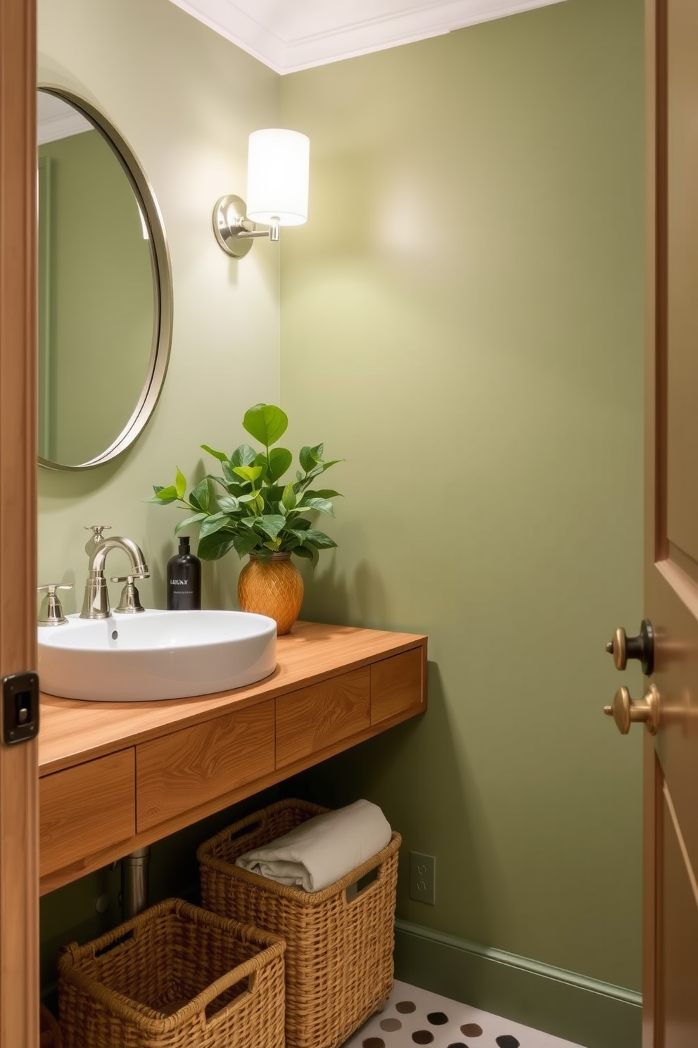 A chic powder room featuring green accents that harmonize with natural textures. The walls are adorned with a soft green hue, complemented by a wooden vanity with a sleek white sink. Natural woven baskets are placed under the vanity for stylish storage. A lush green plant sits in the corner, adding a touch of life to the space.