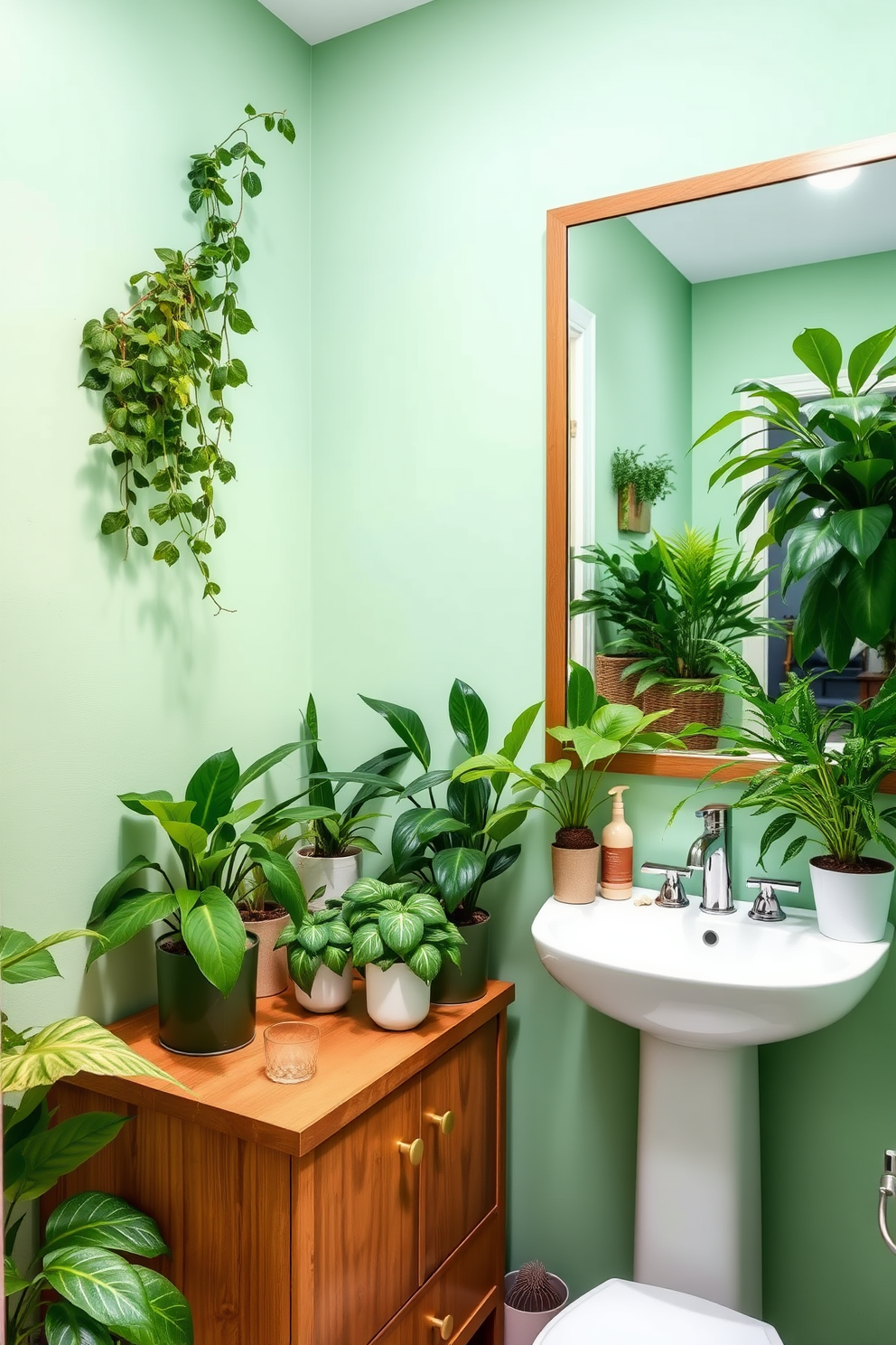 A vibrant powder room filled with lush green plants creates a refreshing ambiance. The walls are painted in a soft pastel green, and various potted plants are strategically placed to enhance the natural feel. The space features a sleek white sink with a modern faucet, complemented by a wooden vanity with gold accents. A large mirror above the sink reflects the greenery, making the room feel open and inviting.