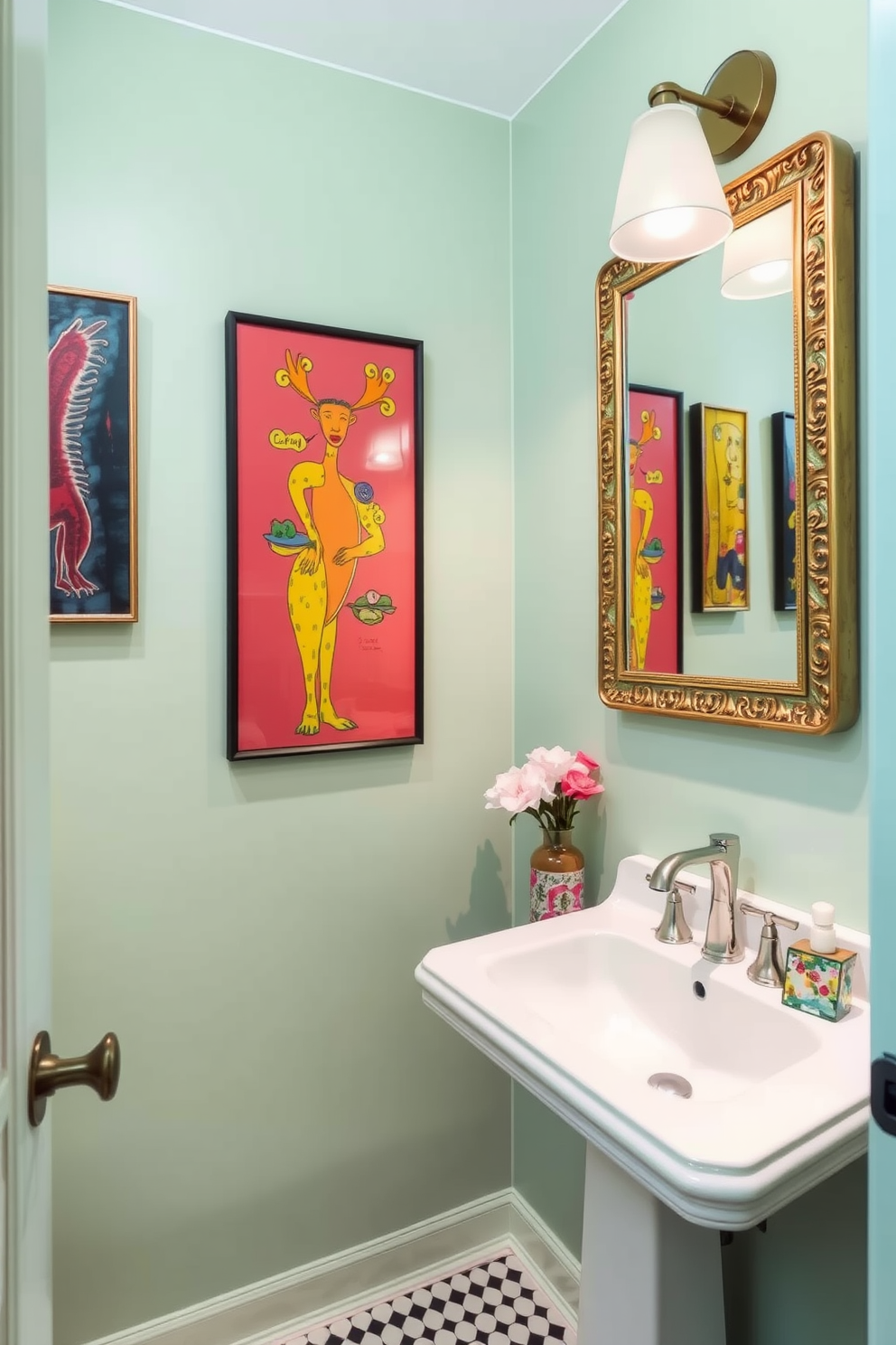 Pale green walls create a calming backdrop in a vibrant powder room. Colorful artwork adorns the walls, adding personality and charm to the space.