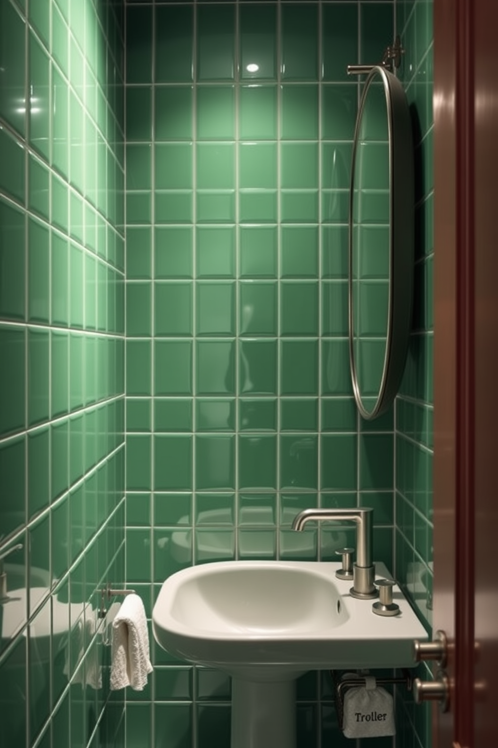 A chic powder room featuring glossy green tiles that reflect light beautifully, creating a vibrant yet calming atmosphere. The matte finishes on the fixtures and accessories provide a striking contrast, enhancing the overall elegance of the space. The room is adorned with a stylish pedestal sink and a sleek mirror that complements the glossy tiles. Soft lighting illuminates the area, highlighting the rich green tones while adding warmth to the design.