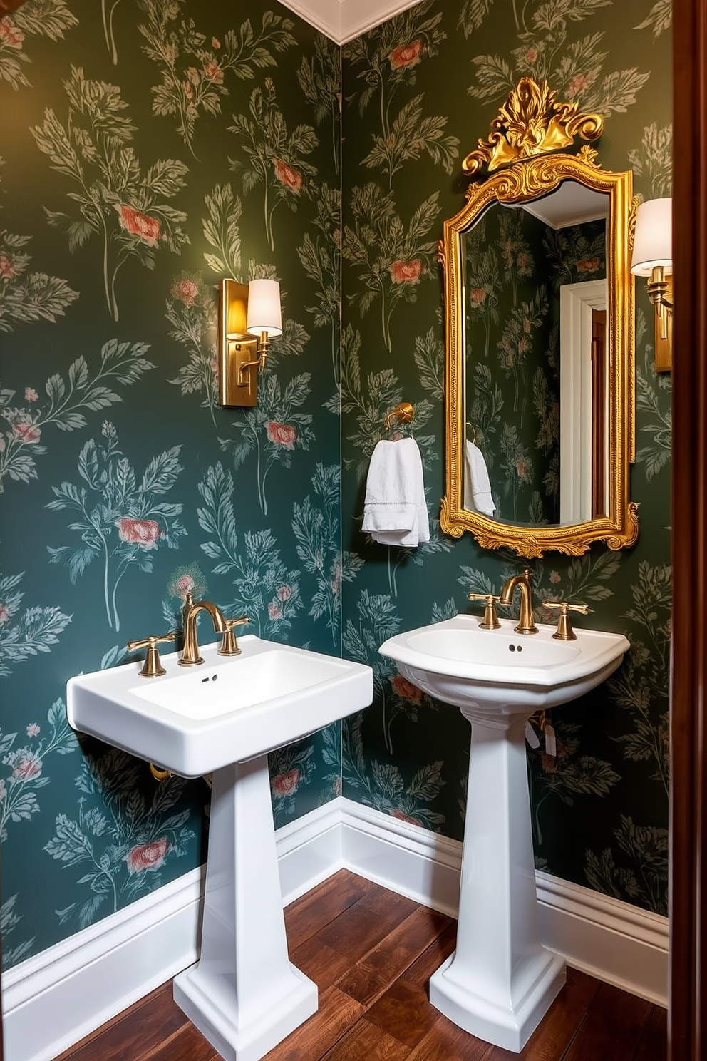 A stylish powder room featuring forest green wallpaper adorned with elegant floral patterns. The space includes a sleek white pedestal sink and a vintage gold-framed mirror that enhances the room's charm. The floor is laid with dark wooden tiles, providing a warm contrast to the vibrant walls. Soft lighting fixtures are strategically placed to create a cozy and inviting atmosphere.