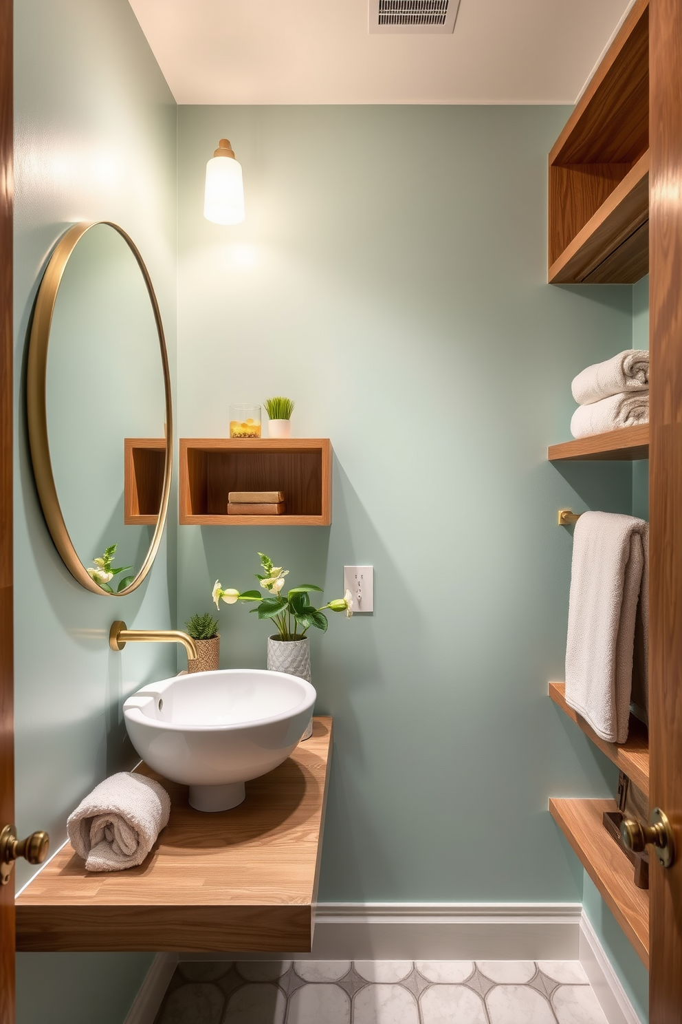 A serene powder room featuring soft seafoam painted walls that evoke a calming atmosphere. The space is complemented by natural wood accents, including a floating vanity and shelving, creating a harmonious blend of color and texture. The design incorporates elegant fixtures, such as a brushed gold faucet and a round mirror that enhances the room's brightness. Decorative elements like potted greenery and plush towels add a touch of warmth and sophistication to the overall aesthetic.