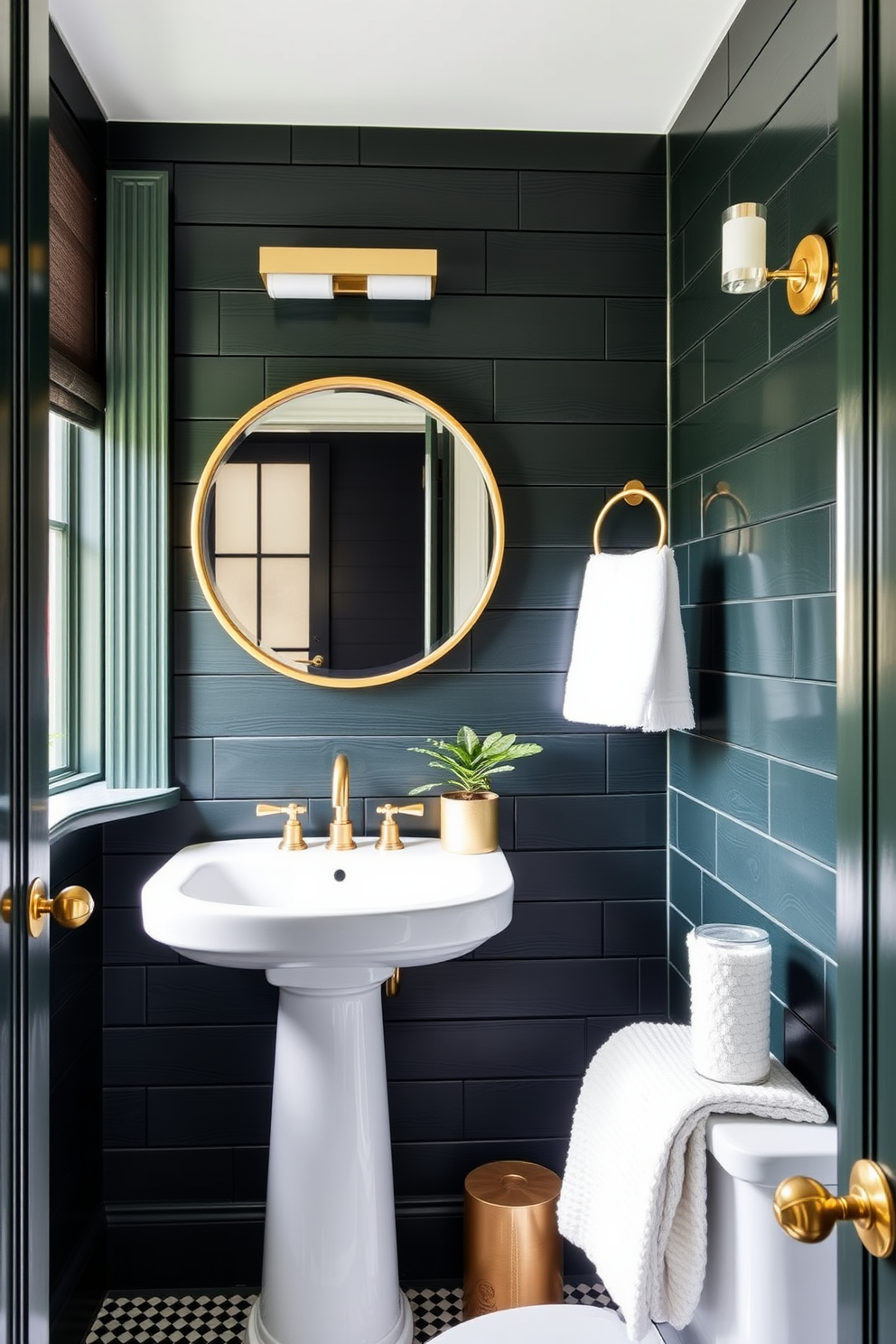 A chic powder room featuring a dark green shiplap accent wall that adds depth and texture to the space. The room is adorned with a sleek white pedestal sink and a round mirror framed in brass, creating a striking contrast against the dark wood. Elegant fixtures and accessories in gold complement the rich green tones. A small potted plant sits on the windowsill, bringing a touch of nature into the sophisticated design.