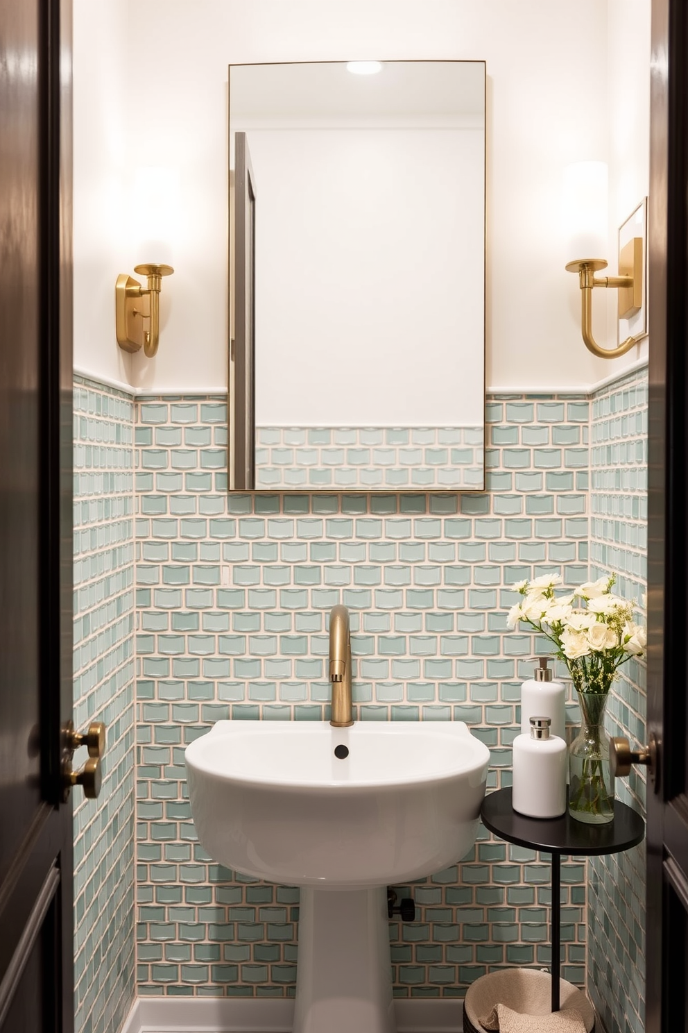 A chic powder room featuring light green mosaic tiles as a stunning backsplash. The space is accented with sleek fixtures and elegant accessories that enhance the serene atmosphere.