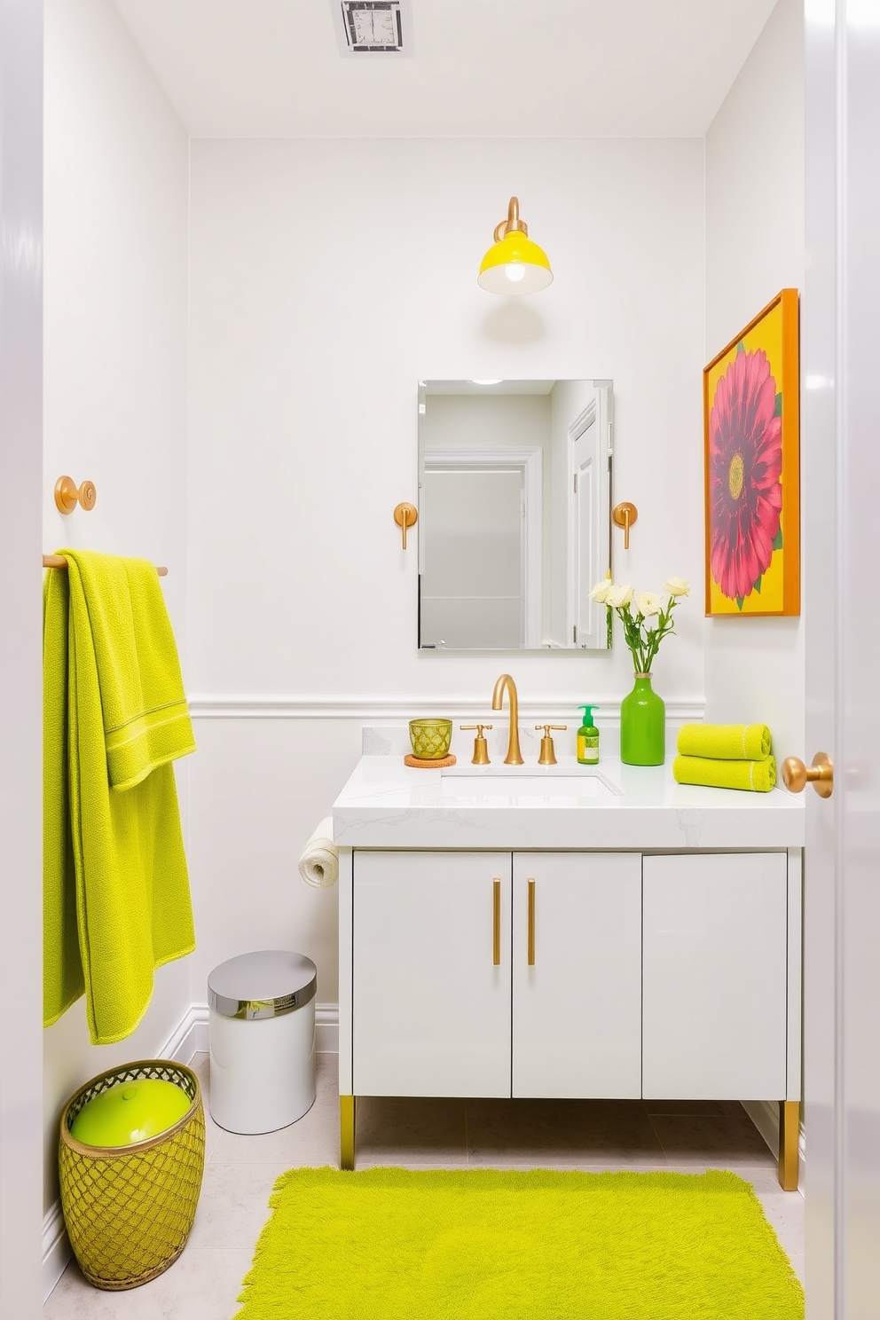 Bright lime green decor accents create a vibrant and refreshing atmosphere in the powder room. The walls are painted in a soft white, allowing the lime green accessories to pop and energize the space. A sleek vanity with a glossy finish complements the bold color scheme, featuring a modern sink and chic gold fixtures. Decorative elements like lime green towels, a stylish rug, and vibrant artwork enhance the overall design, making the room feel lively and inviting.