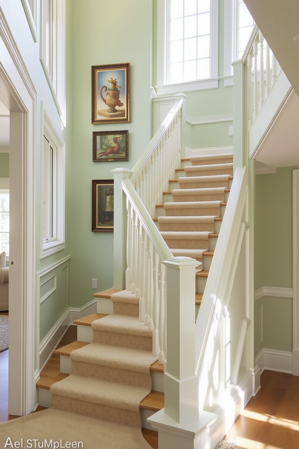 A light green staircase features elegant white trim accents that enhance its charm. The stairs are adorned with a plush runner that adds warmth and texture to the space. Natural light floods the area through large windows, highlighting the soft hues of the walls. Decorative wall art complements the staircase, creating a cohesive and inviting atmosphere.