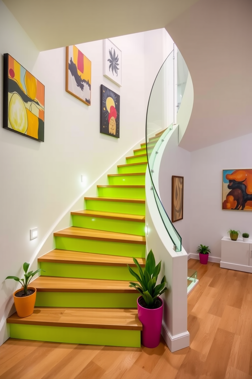 A bright lime green staircase winds gracefully through a modern home, featuring sleek wooden treads and a glass railing that enhances the playful vibe. The walls are adorned with abstract art pieces that complement the vibrant color, creating a lively and inviting atmosphere. The staircase is illuminated by strategically placed LED lights that highlight its unique design. Potted plants in vibrant colors are positioned along the steps, adding a touch of nature and further enhancing the playful aesthetic.