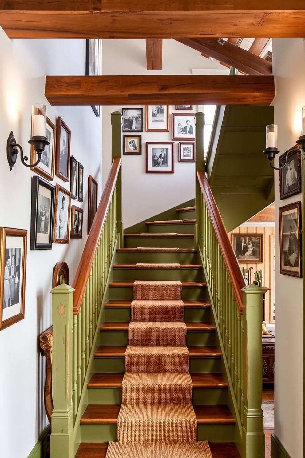 A stunning olive green staircase features rustic wooden railings and exposed beams that enhance its charm. The steps are adorned with a natural sisal runner, adding warmth and texture to the overall design. Surrounding the staircase, the walls are decorated with vintage photographs in distressed frames, creating a cozy and inviting atmosphere. Soft lighting from wrought iron sconces illuminates the space, highlighting the beautiful green hue of the staircase.