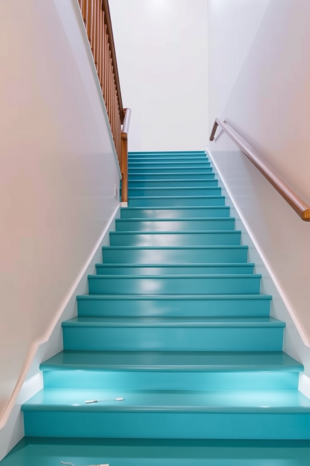 Chic teal treads lead up a stylish staircase with sleek, neutral walls that create a modern and inviting atmosphere. The staircase features elegant wooden railings that complement the vibrant teal, while soft lighting highlights the unique design elements.