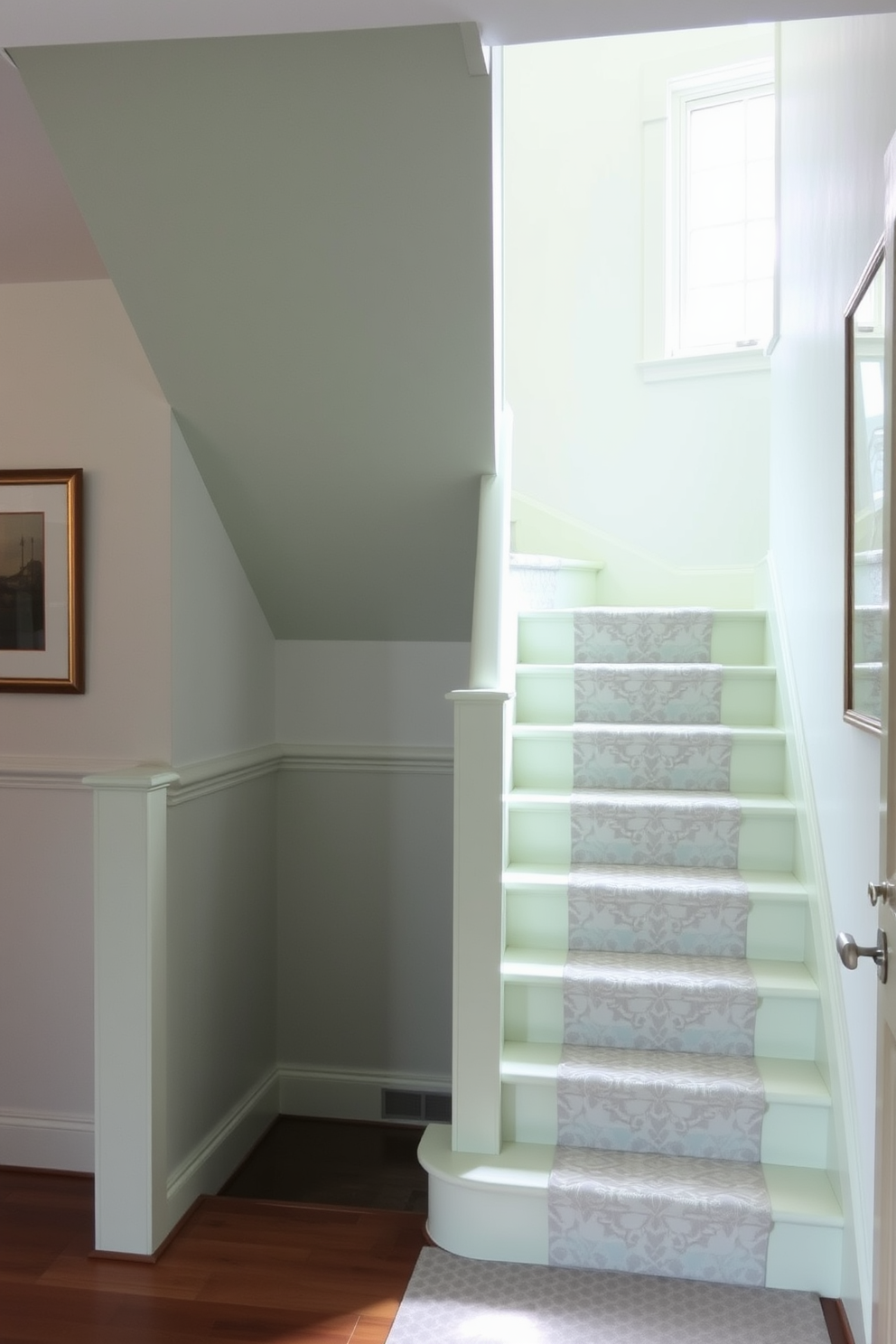 A pale green staircase with a stylish patterned runner leads gracefully to the upper level. The walls are adorned with subtle artwork, and natural light filters through a nearby window, illuminating the soft hues of the staircase.