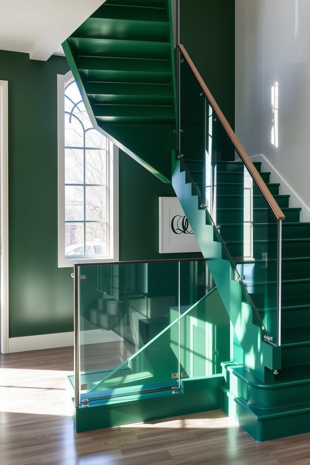 A deep green staircase with a sleek glass balustrade creates a striking focal point in the entryway. The rich color of the staircase is complemented by natural light streaming in from a nearby window, enhancing the overall elegance of the design.