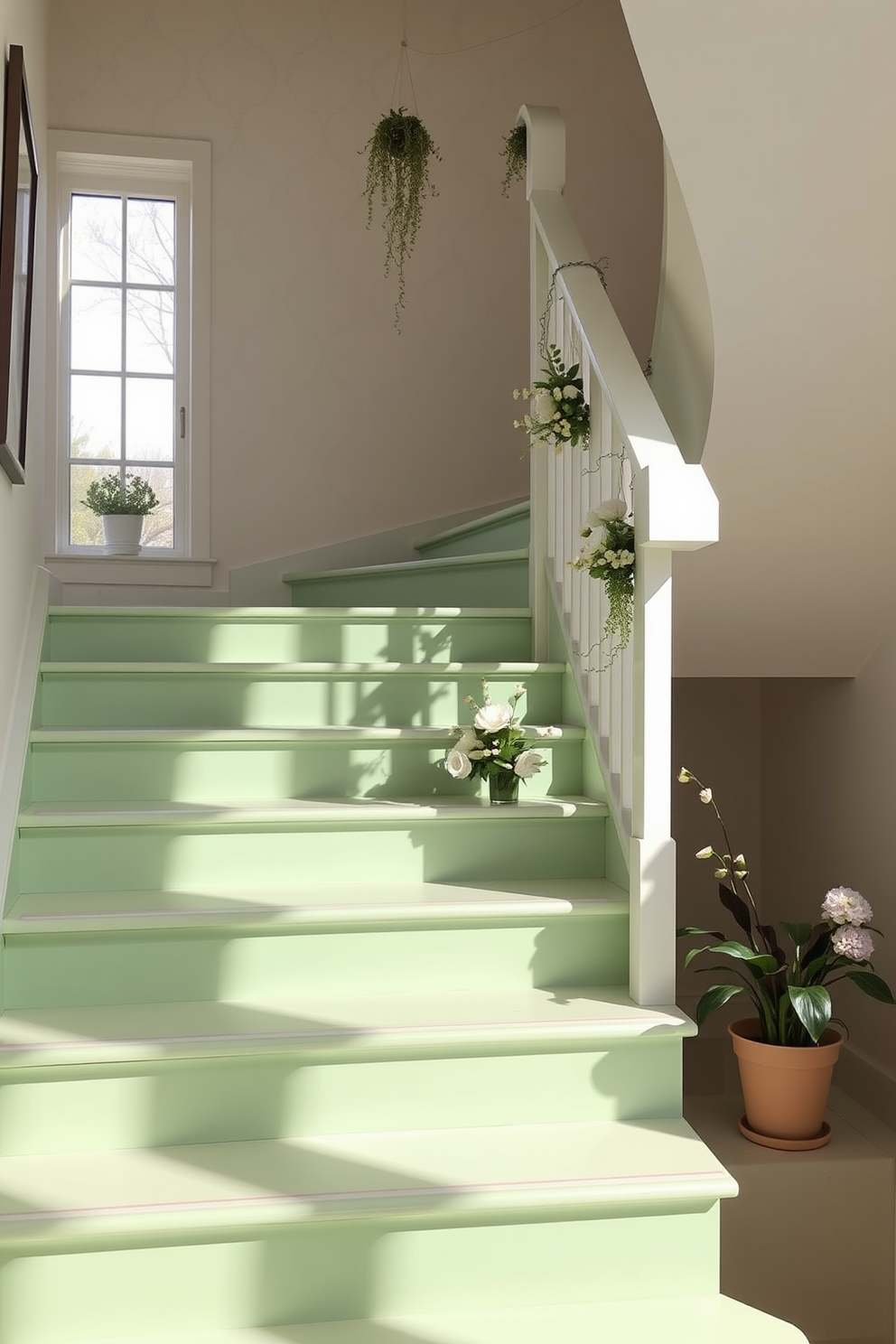 Pastel green risers adorned with delicate floral decor create a charming and inviting atmosphere. The staircase features a sleek white railing that complements the soft hues of the risers, enhancing the overall aesthetic. Natural light filters through a nearby window, casting gentle shadows on the staircase. The floral accents include potted plants and hanging arrangements, adding a touch of nature to the design.