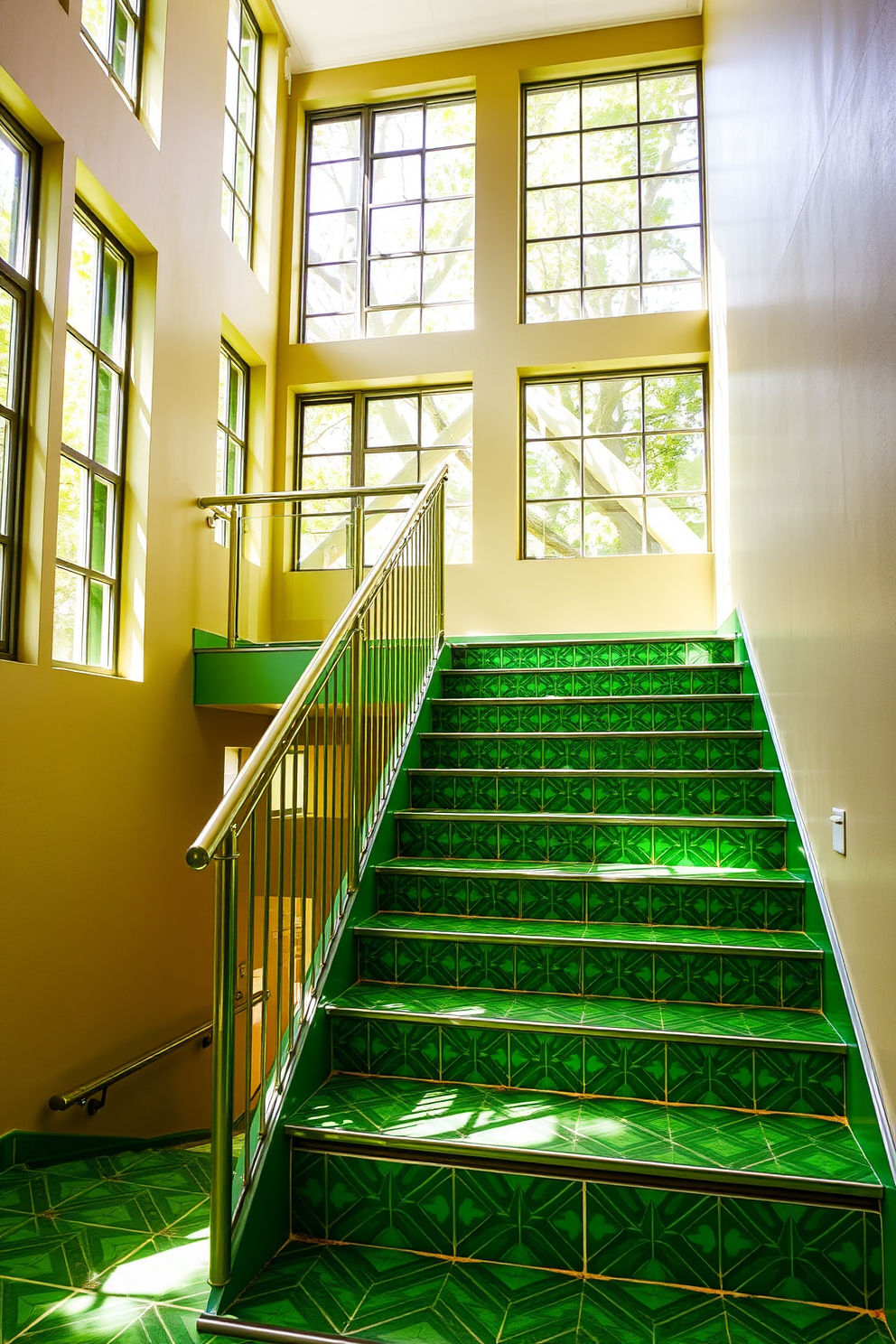 A bold green staircase features striking geometric patterns that create a dynamic visual impact. The stairs are complemented by a sleek metal railing that adds a modern touch to the overall design. Natural light floods the space through large windows, highlighting the vibrant green hues and intricate patterns. The surrounding walls are painted in a soft neutral tone to enhance the staircase's boldness and create a harmonious balance.