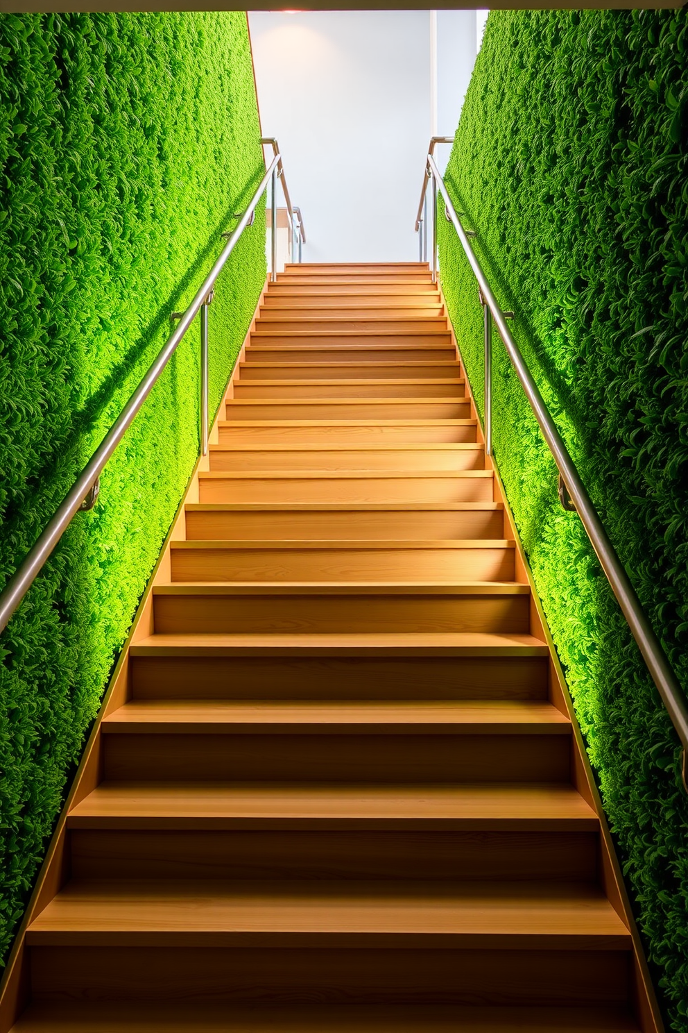 A stunning staircase featuring natural wood steps that elegantly contrast with lush green walls. The design creates a vibrant and inviting atmosphere, perfect for a modern home. The staircase is framed by sleek metal railings that enhance the overall aesthetic. Soft lighting illuminates the steps, highlighting the beauty of the wood and the richness of the green.