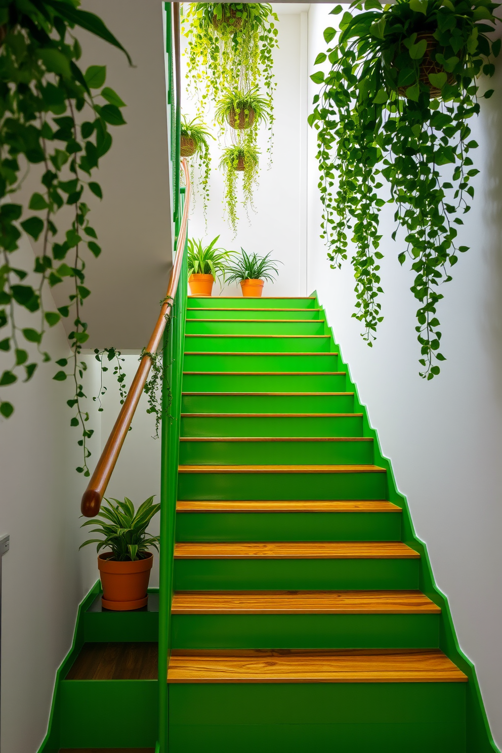 Bright green staircase with hanging plants. The staircase features a vibrant green hue that contrasts beautifully with the surrounding white walls. Lush hanging plants cascade from the upper levels, adding a touch of nature and freshness to the space. The steps are made of polished wood, creating a warm and inviting atmosphere.