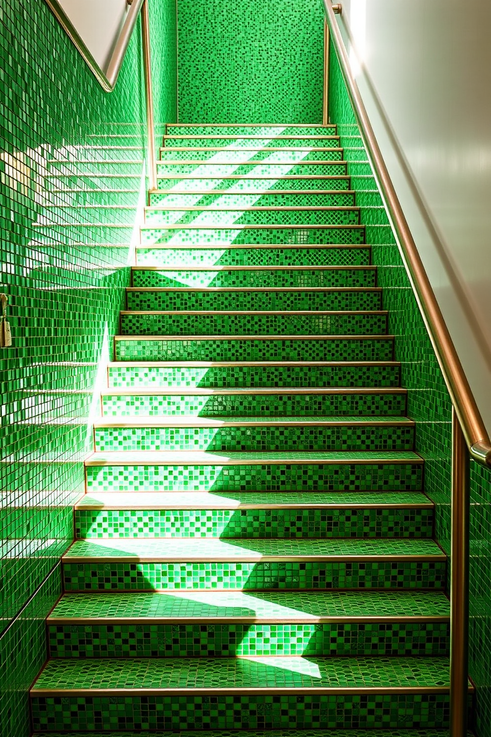 A stunning staircase adorned with vibrant green mosaic tiles that create a striking visual impact. The intricate patterns of the tiles reflect natural light, enhancing the overall elegance of the space. The staircase is framed by a sleek metal railing that complements the bold color of the tiles. Soft lighting illuminates the steps, creating a warm and inviting atmosphere.