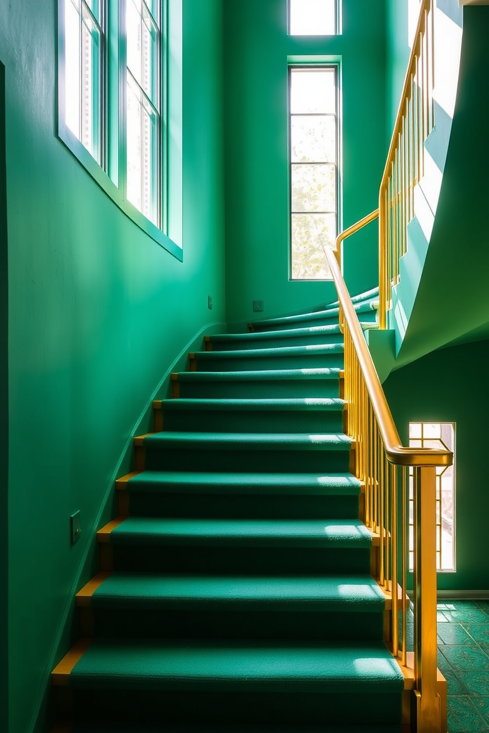 A bold emerald staircase features a sleek gold railing that adds a touch of luxury. The staircase is illuminated by natural light streaming through large windows, highlighting the rich color and elegant design. The emerald green walls create a striking backdrop, enhancing the staircase's visual impact. Plush carpeting in a complementary shade runs alongside the stairs, providing comfort and style.