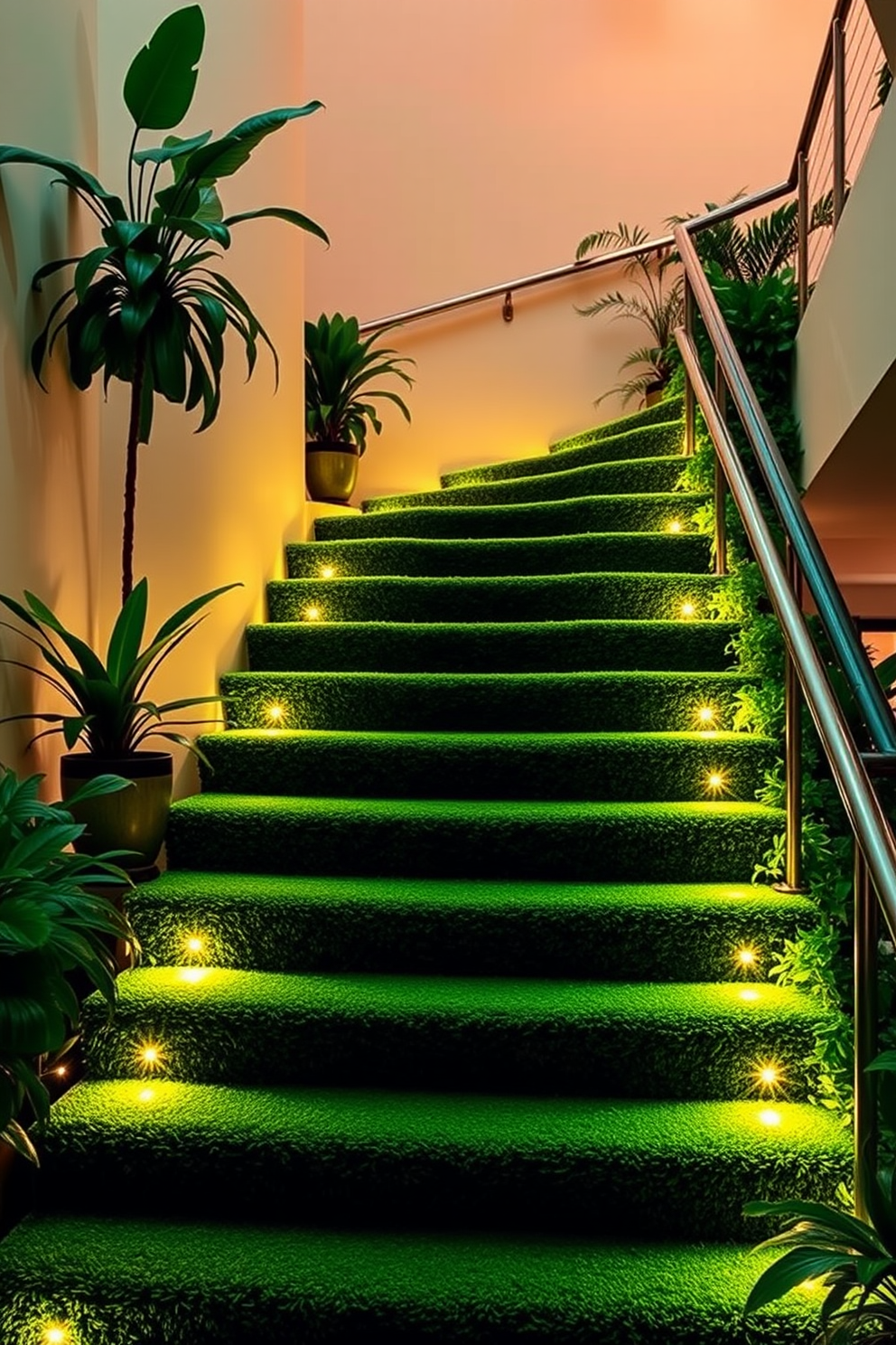 A lush green staircase features integrated lighting that illuminates each step, creating a dramatic effect. The staircase is surrounded by indoor plants that enhance the vibrant atmosphere and bring a touch of nature indoors. The walls are painted in a soft neutral tone to complement the rich green of the staircase. Sleek metal railings add a modern touch while ensuring safety and elegance.