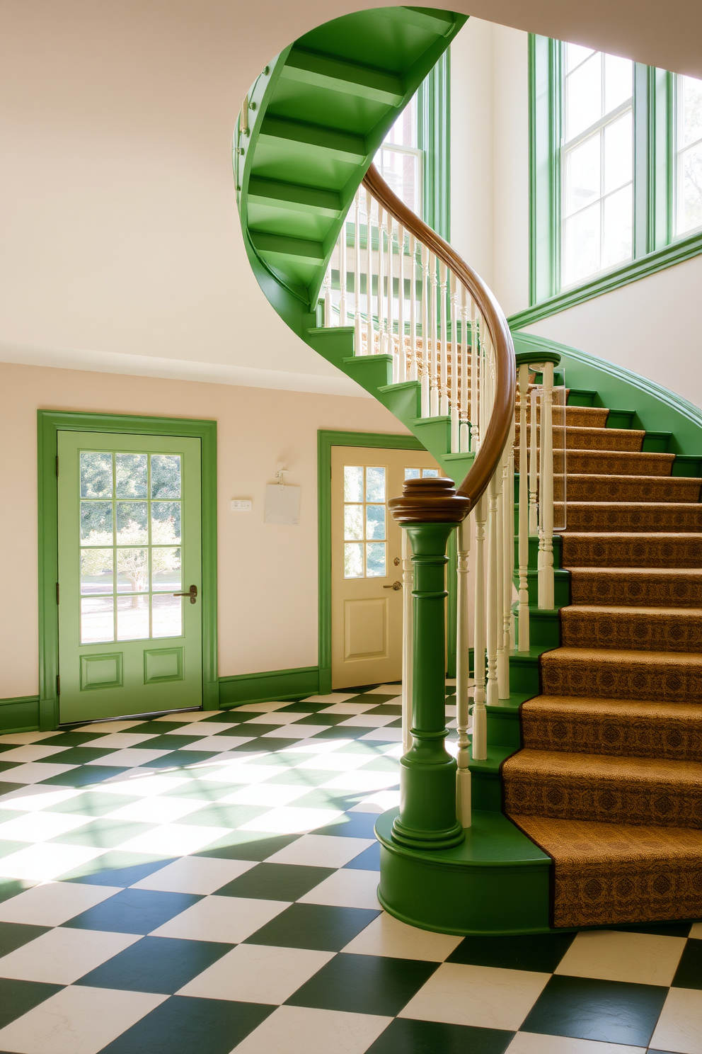 A classic green and white checkerboard pattern adorns the floor, creating a timeless and elegant look. The walls are painted in a soft cream color, enhancing the brightness of the space. A stunning green staircase spirals upward, featuring a sleek wooden handrail that contrasts beautifully with the white balusters. Natural light floods the area through large windows, highlighting the rich textures of the staircase and the checkerboard flooring below.