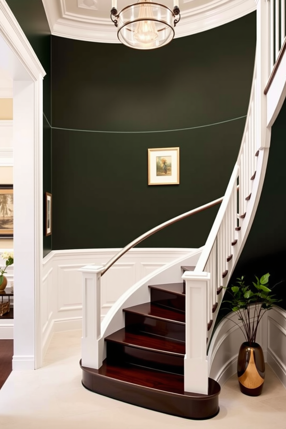 Elegant dark green walls create a dramatic backdrop, complemented by crisp white wainscoting that adds a touch of sophistication. The staircase features a sleek design with dark wood treads and a polished white railing, seamlessly blending with the overall color scheme. Soft lighting illuminates the staircase, highlighting the elegant curves and angles of the design. Decorative elements such as framed artwork and potted plants enhance the inviting atmosphere of the space.