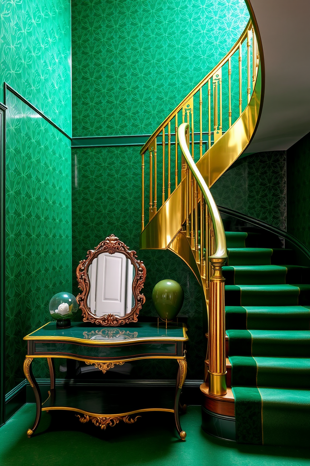 A stunning art deco inspired staircase features rich green walls adorned with geometric patterns. The staircase itself is elegantly curved, with polished brass railings that reflect the light beautifully. The steps are covered in a luxurious emerald green carpet, enhancing the opulence of the design. At the base of the staircase, a vintage console table holds an ornate mirror, adding a touch of glamour to the space.