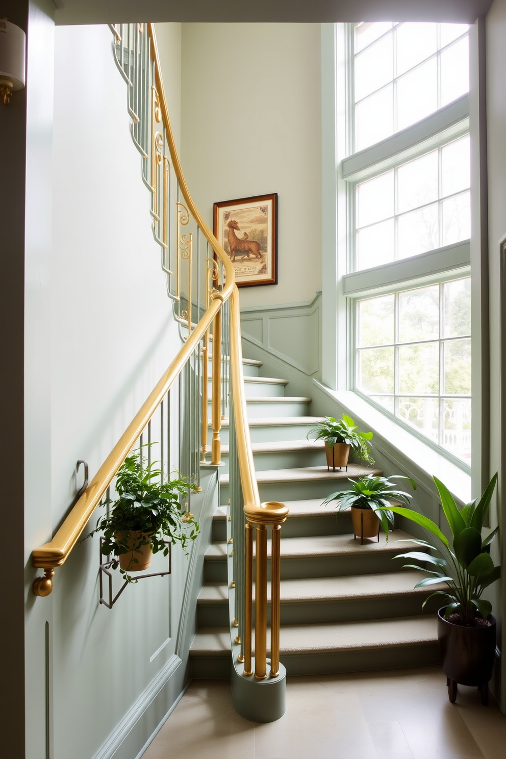 A soft jade green staircase with elegant brass accents creates a welcoming atmosphere. The staircase features a smooth jade green finish complemented by polished brass handrails and decorative elements. Natural light floods in through large windows, highlighting the rich textures of the staircase. Lush greenery in decorative pots is placed strategically along the staircase to enhance the overall aesthetic.