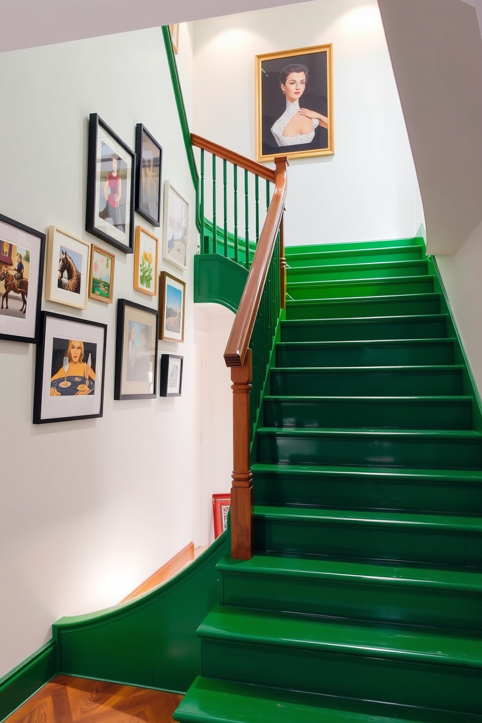 A stylish green staircase features a sleek design with a vibrant green hue that complements the surrounding decor. The staircase is adorned with a curated display of artwork along the walls, showcasing various pieces that add personality and charm to the space. The wooden railing contrasts beautifully with the green steps, enhancing the overall elegance of the staircase. Soft lighting highlights the artwork, creating a warm and inviting atmosphere that draws the eye upward.